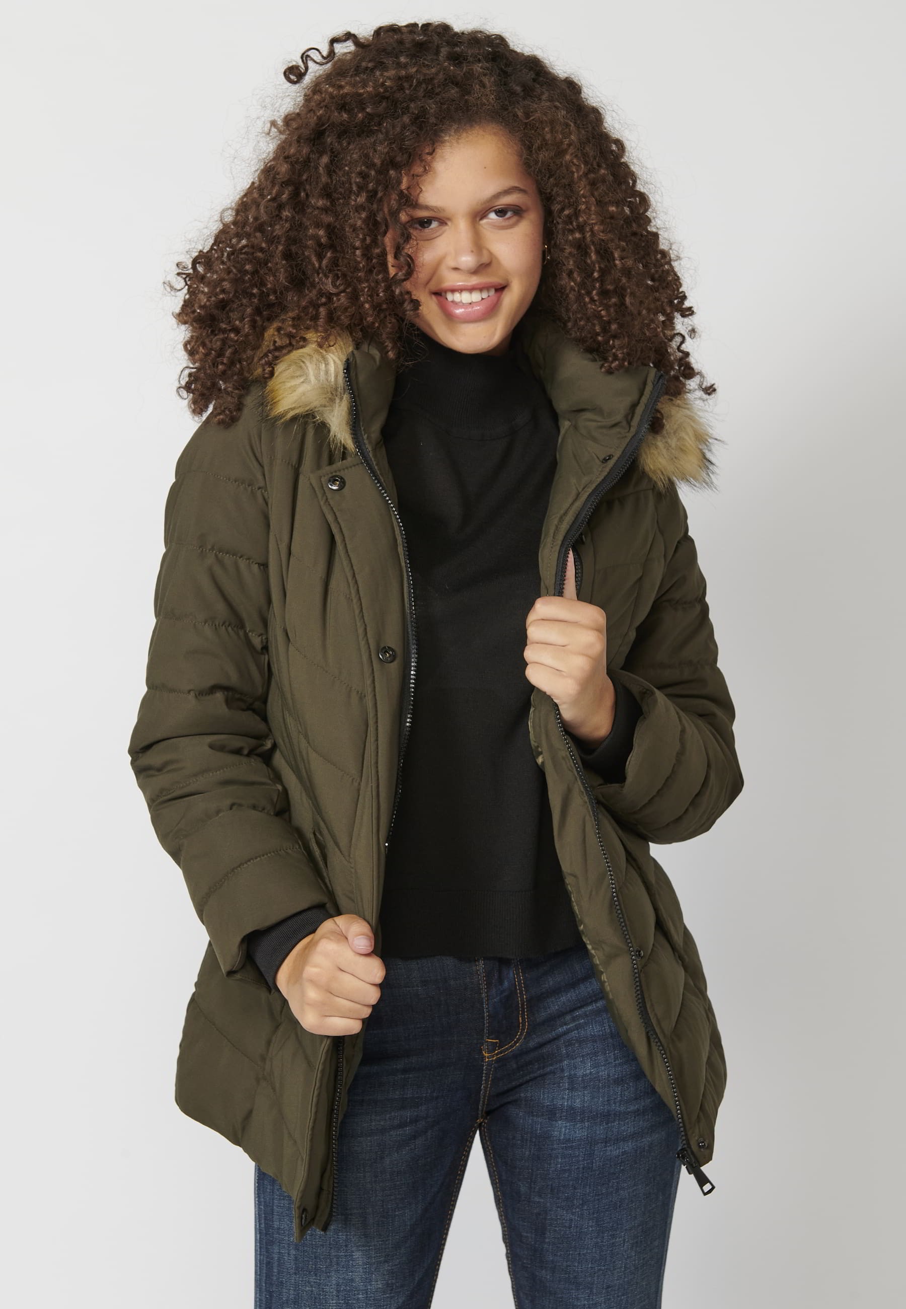 Long-sleeved padded jacket with detachable fur hood in Khaki color for Women