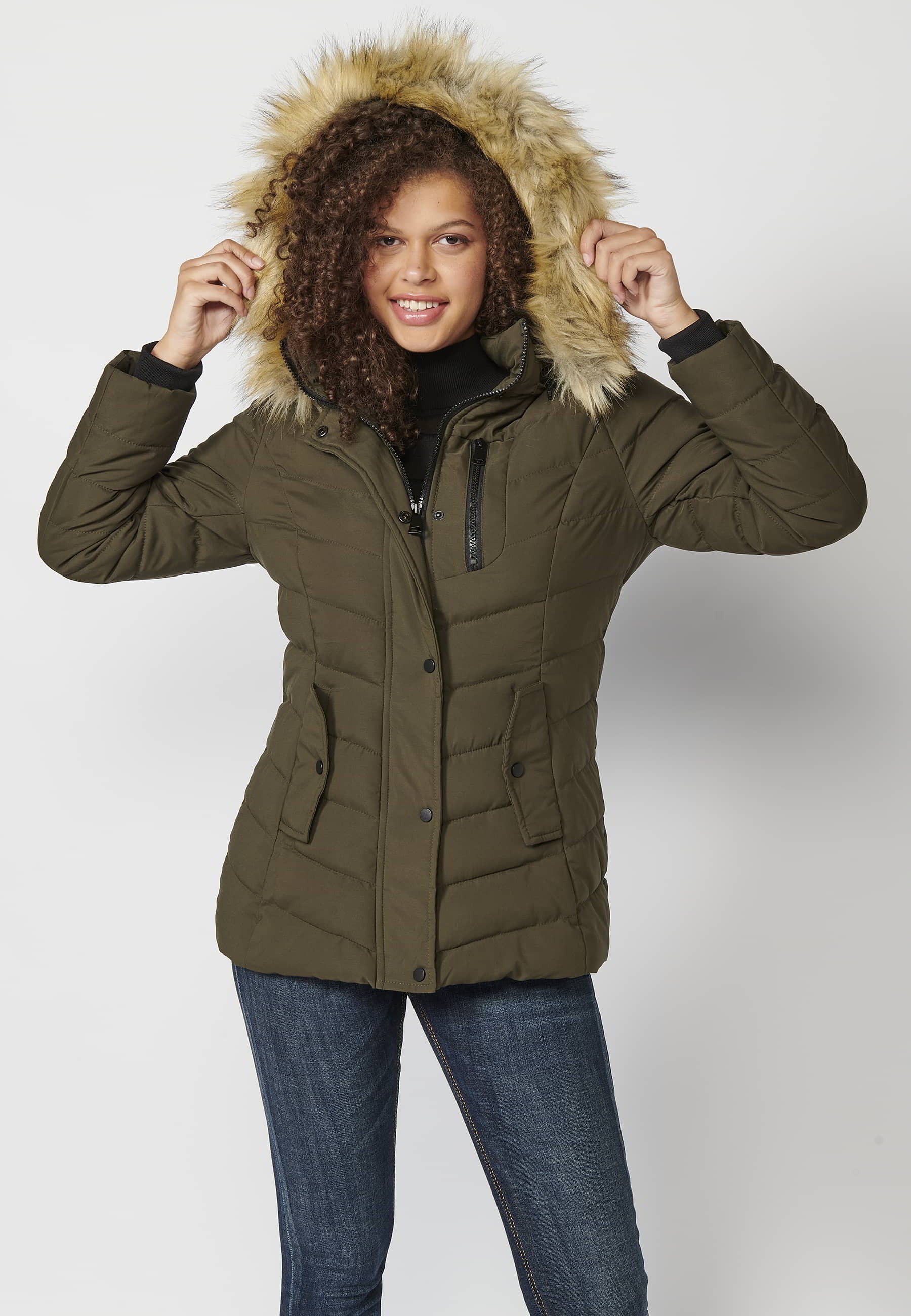 Long-sleeved padded jacket with detachable fur hood in Khaki color for Women