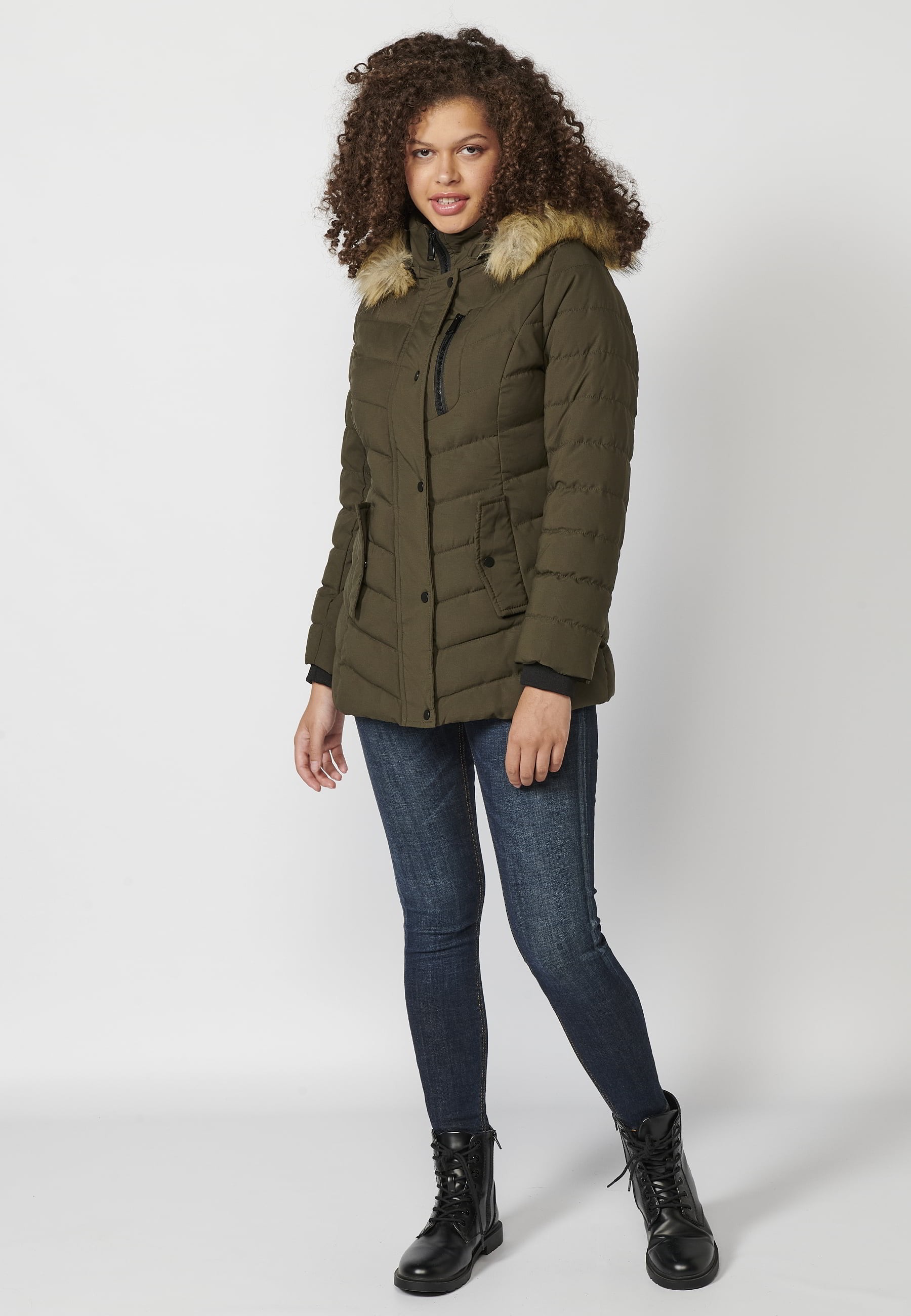 Long-sleeved padded jacket with detachable fur hood in Khaki color for Women