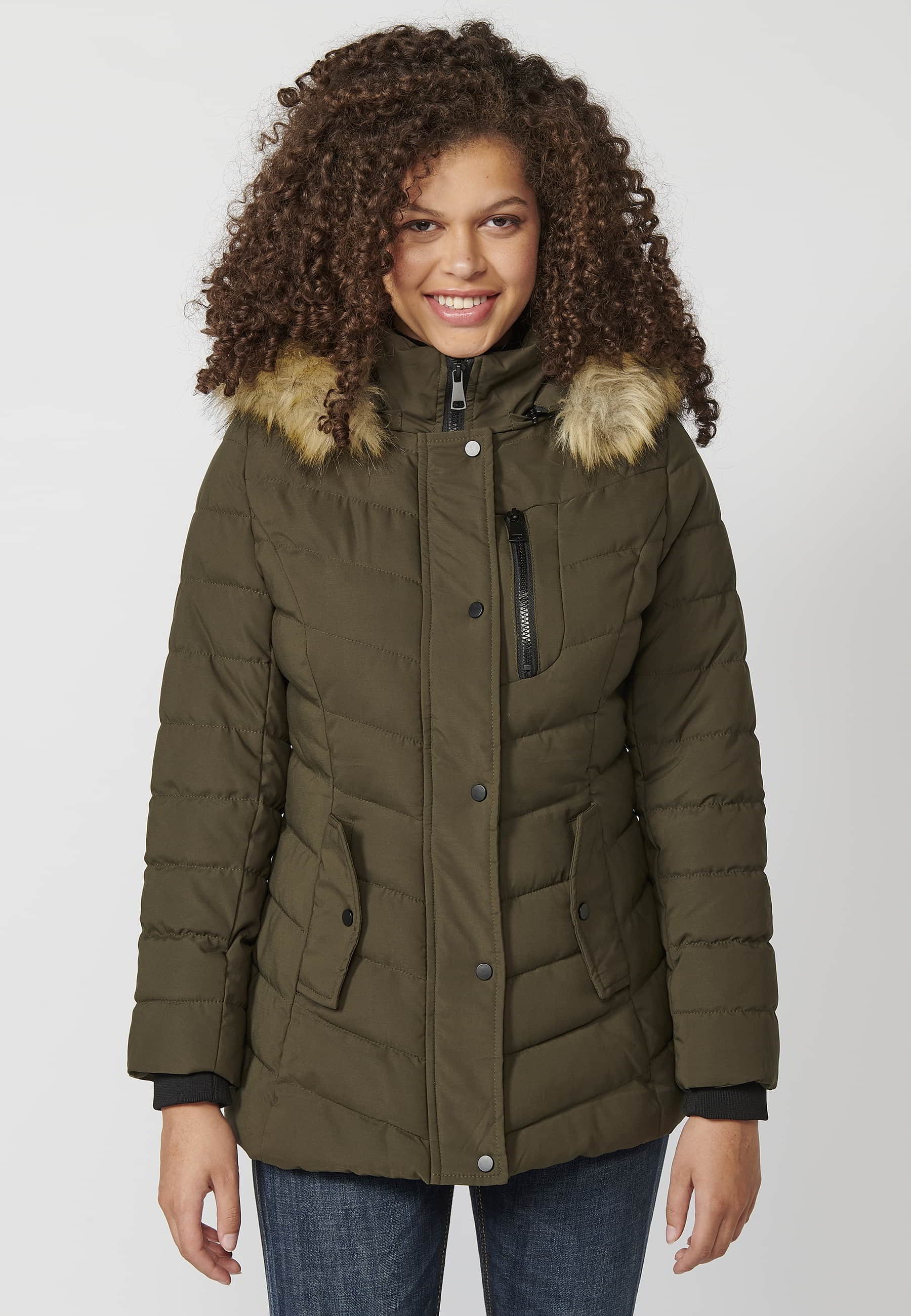 Long-sleeved padded jacket with detachable fur hood in Khaki color for Women