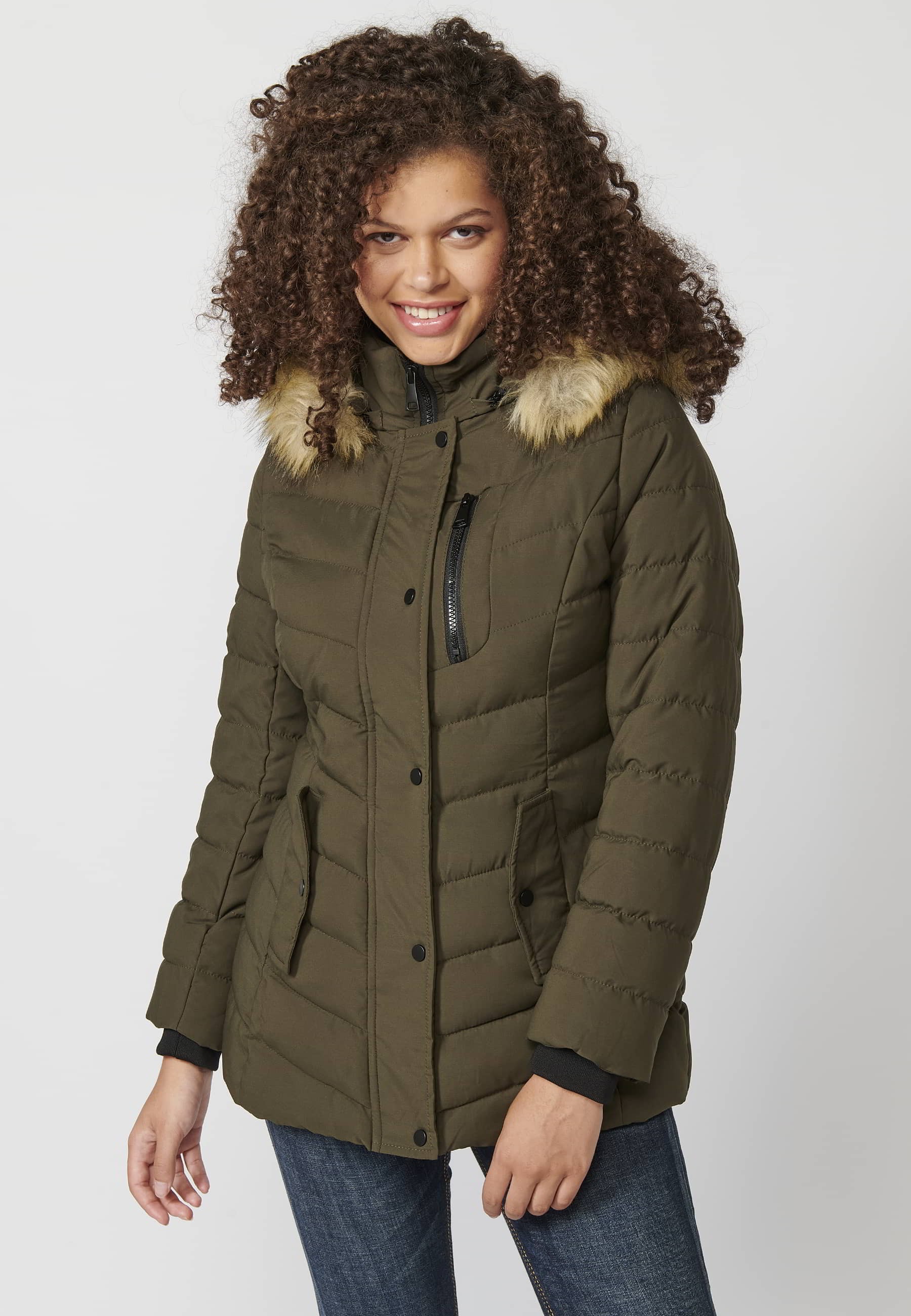 Long-sleeved padded jacket with detachable fur hood in Khaki color for Women