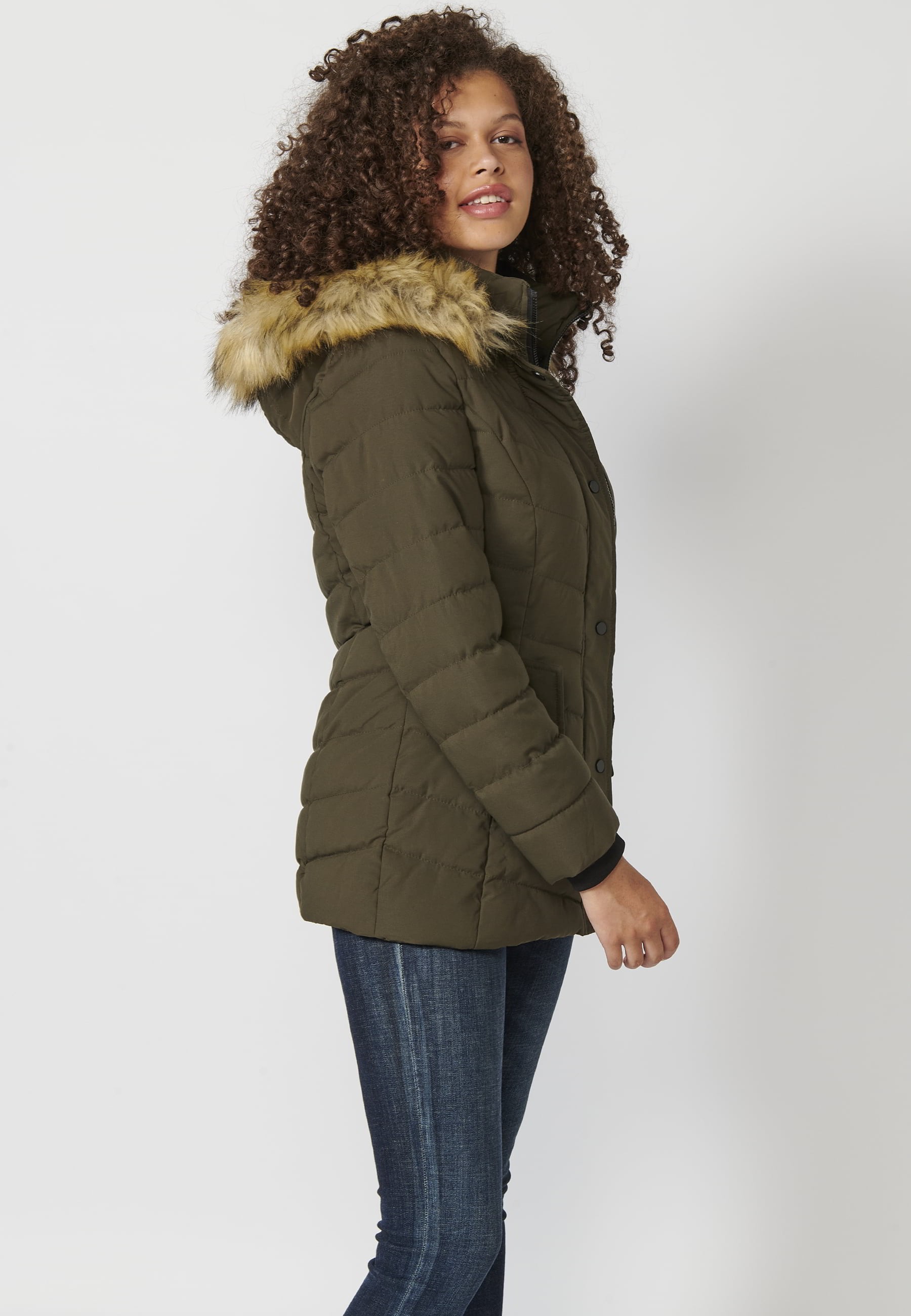 Long-sleeved padded jacket with detachable fur hood in Khaki color for Women