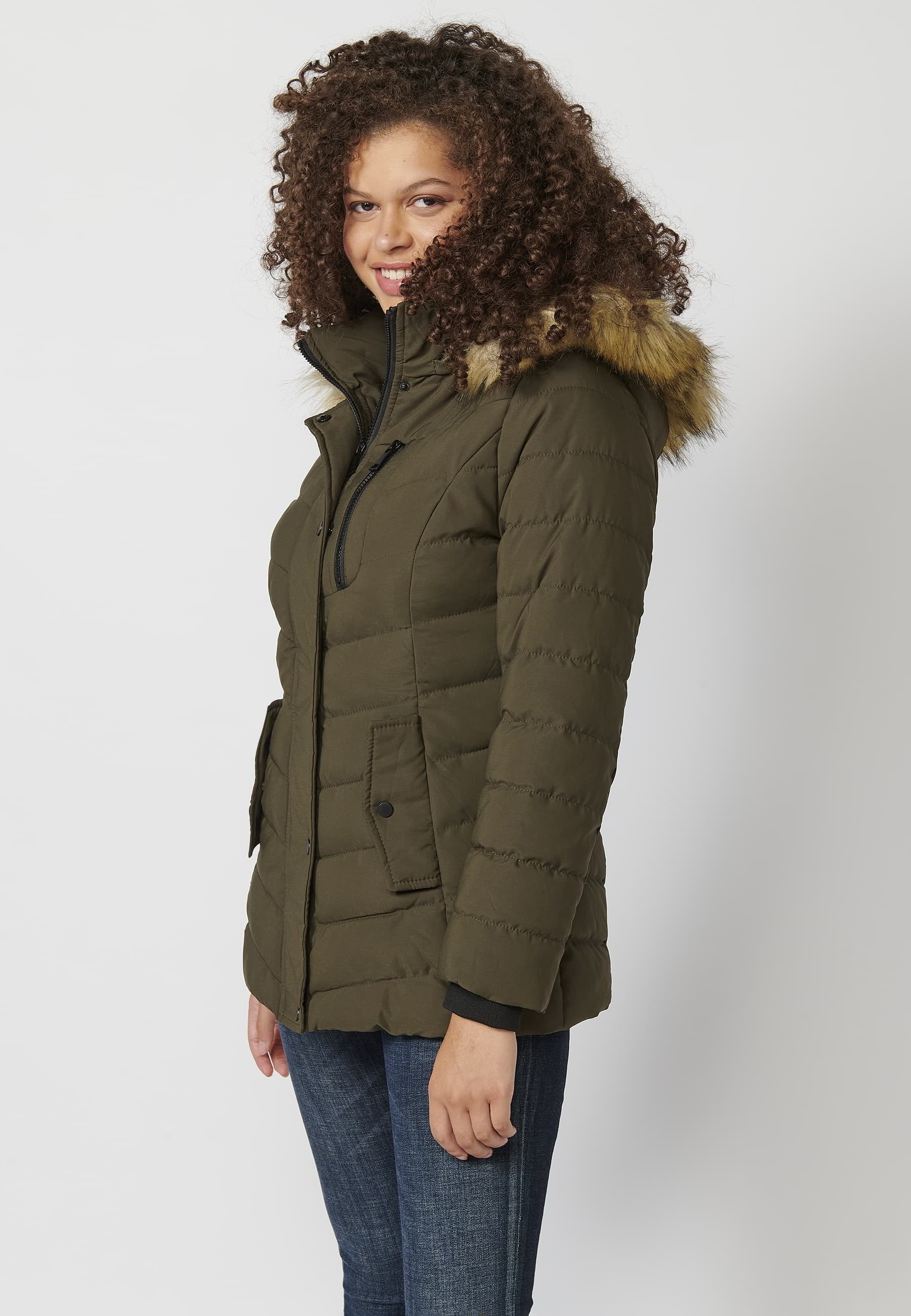 Long-sleeved padded jacket with detachable fur hood in Khaki color for Women