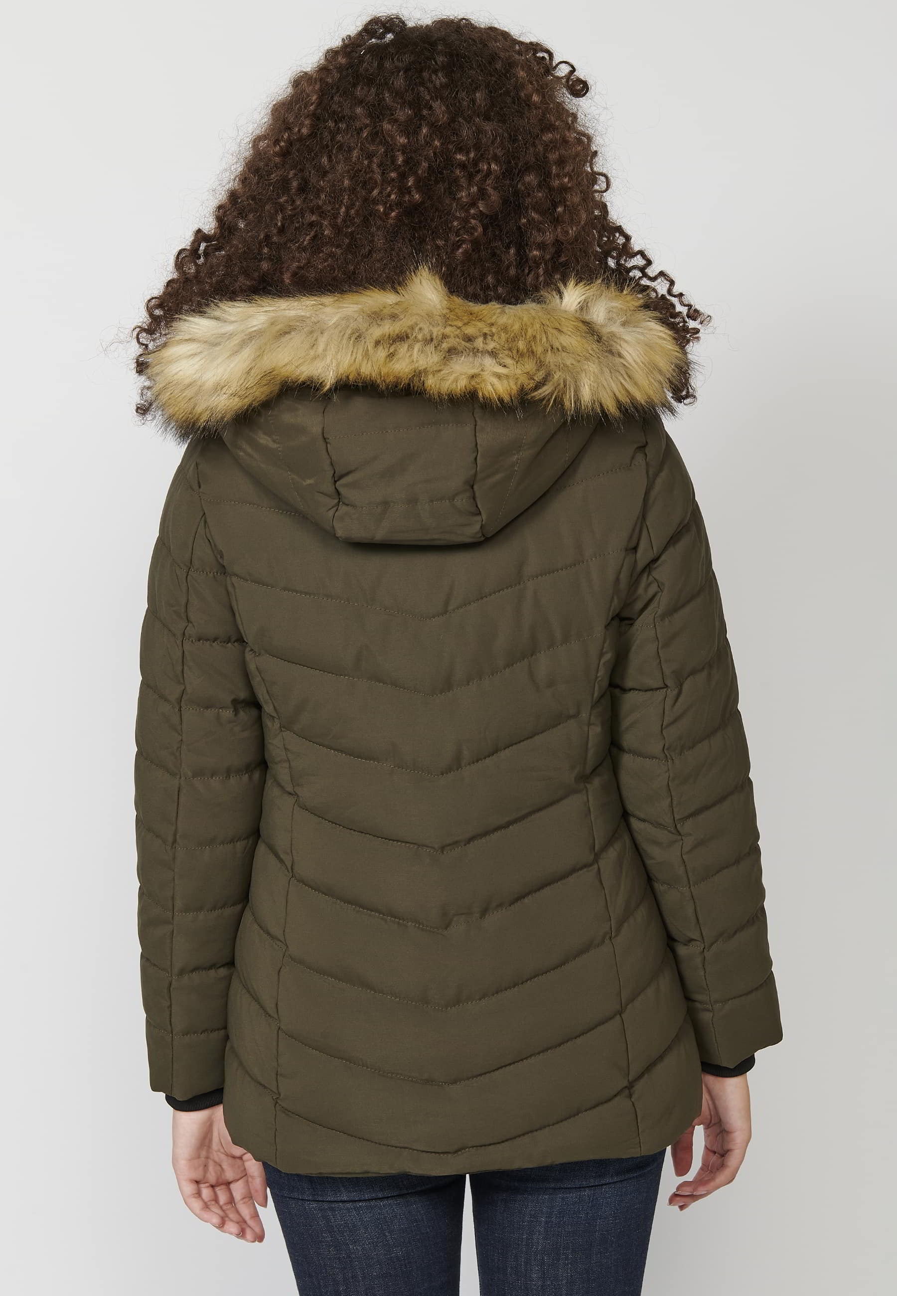 Long-sleeved padded jacket with detachable fur hood in Khaki color for Women