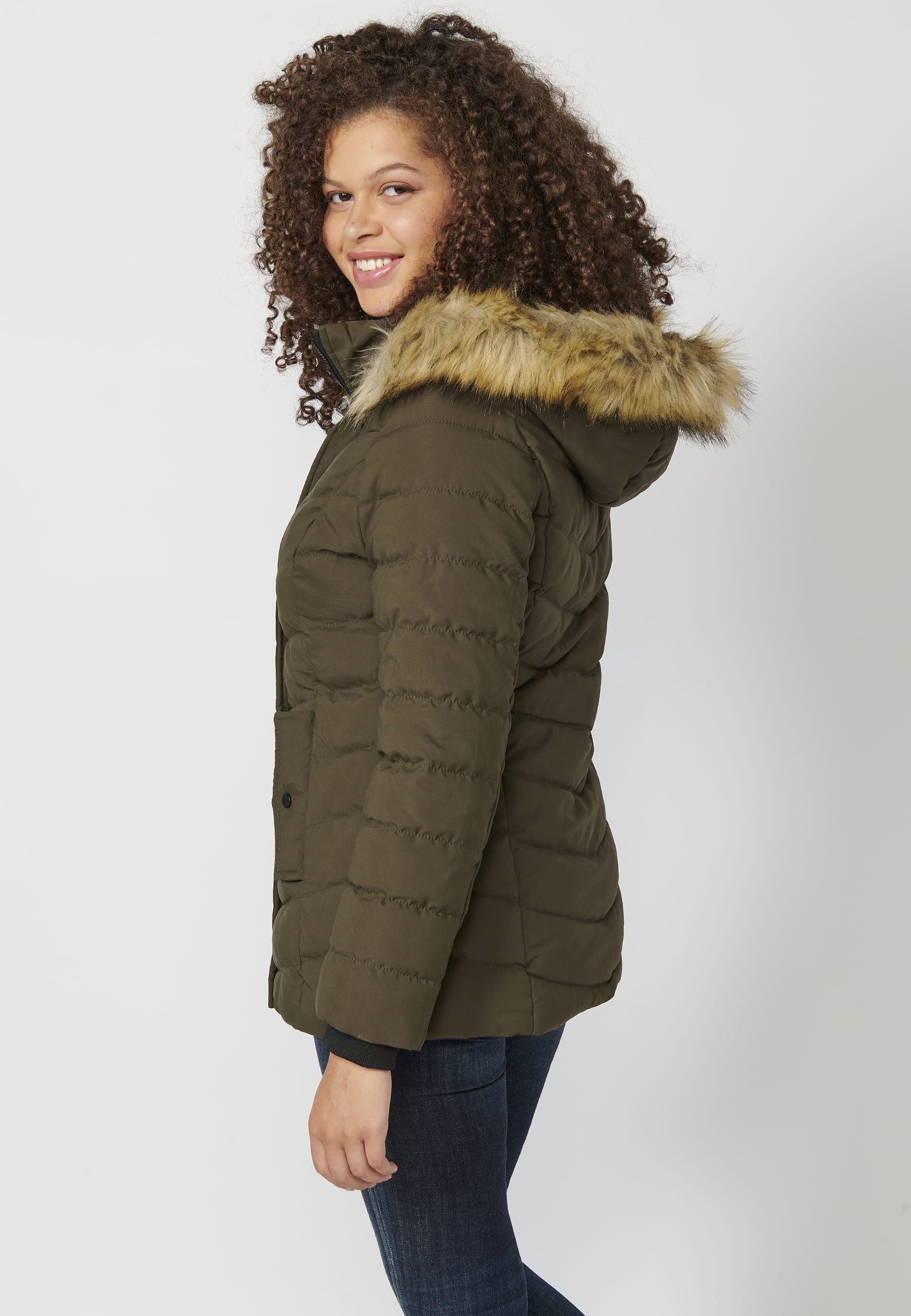 Long-sleeved padded jacket with detachable fur hood in Khaki color for Women