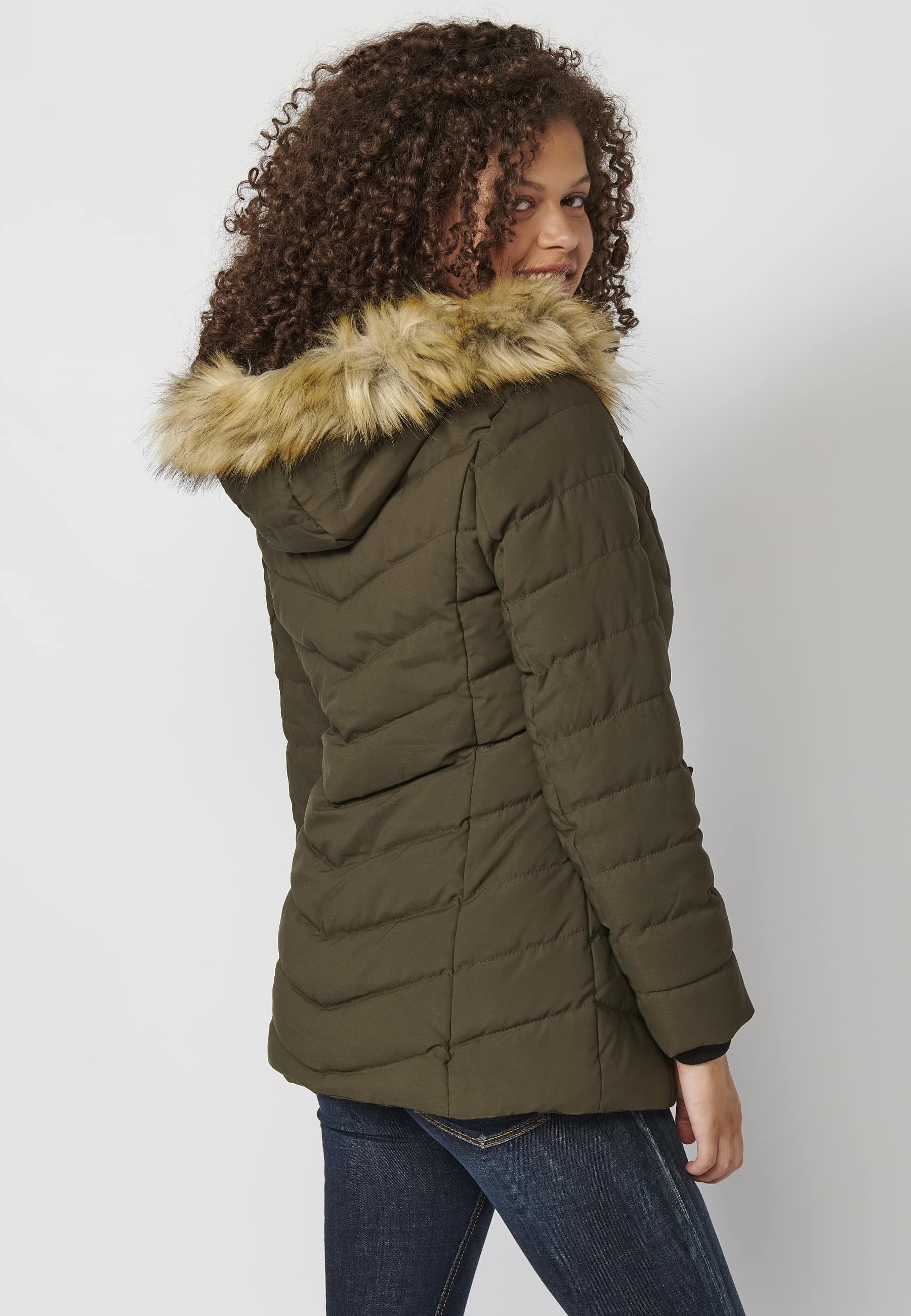 Long-sleeved padded jacket with detachable fur hood in Khaki color for Women