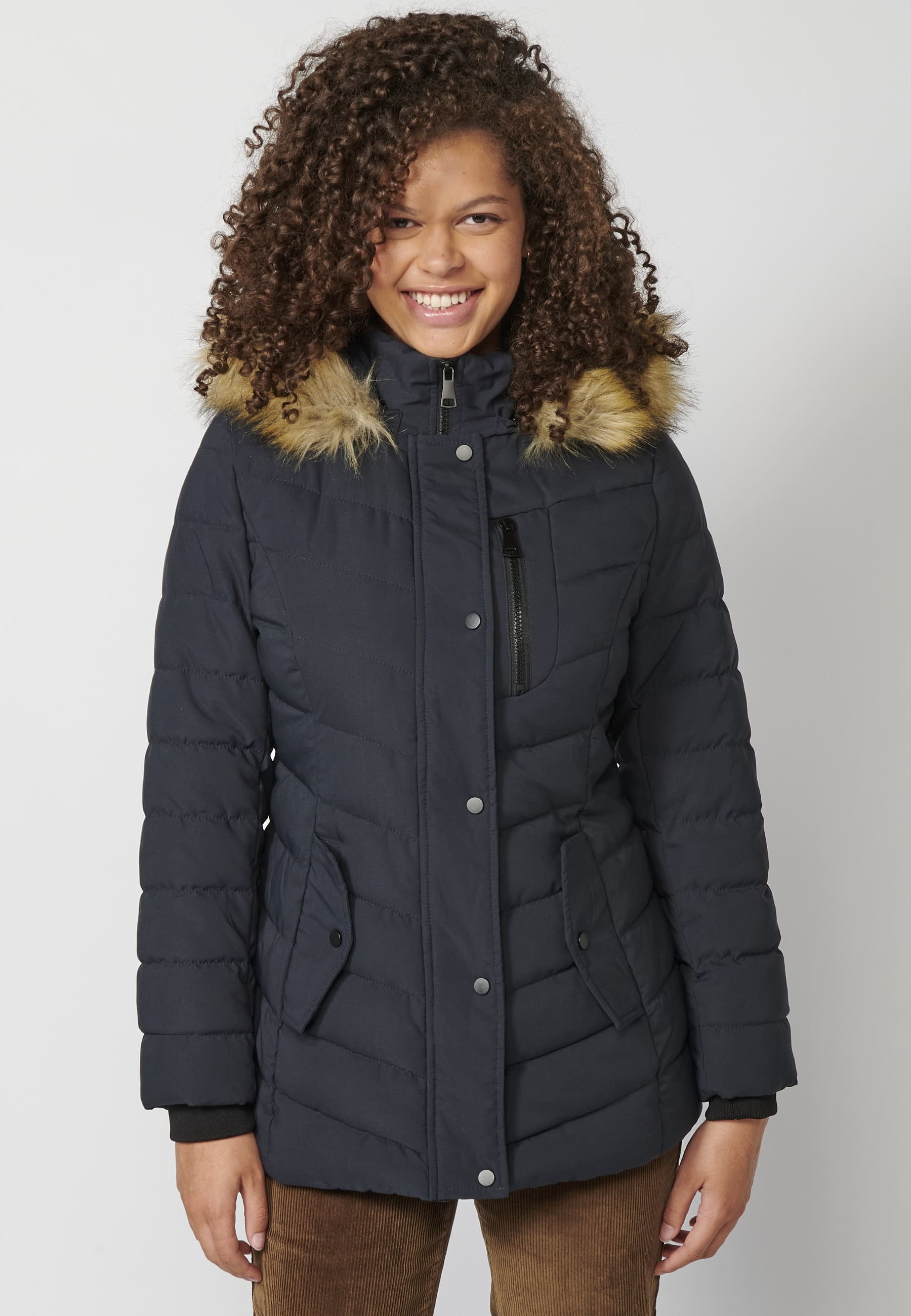 Long-sleeved padded jacket with detachable fur hood in Navy for Women 6