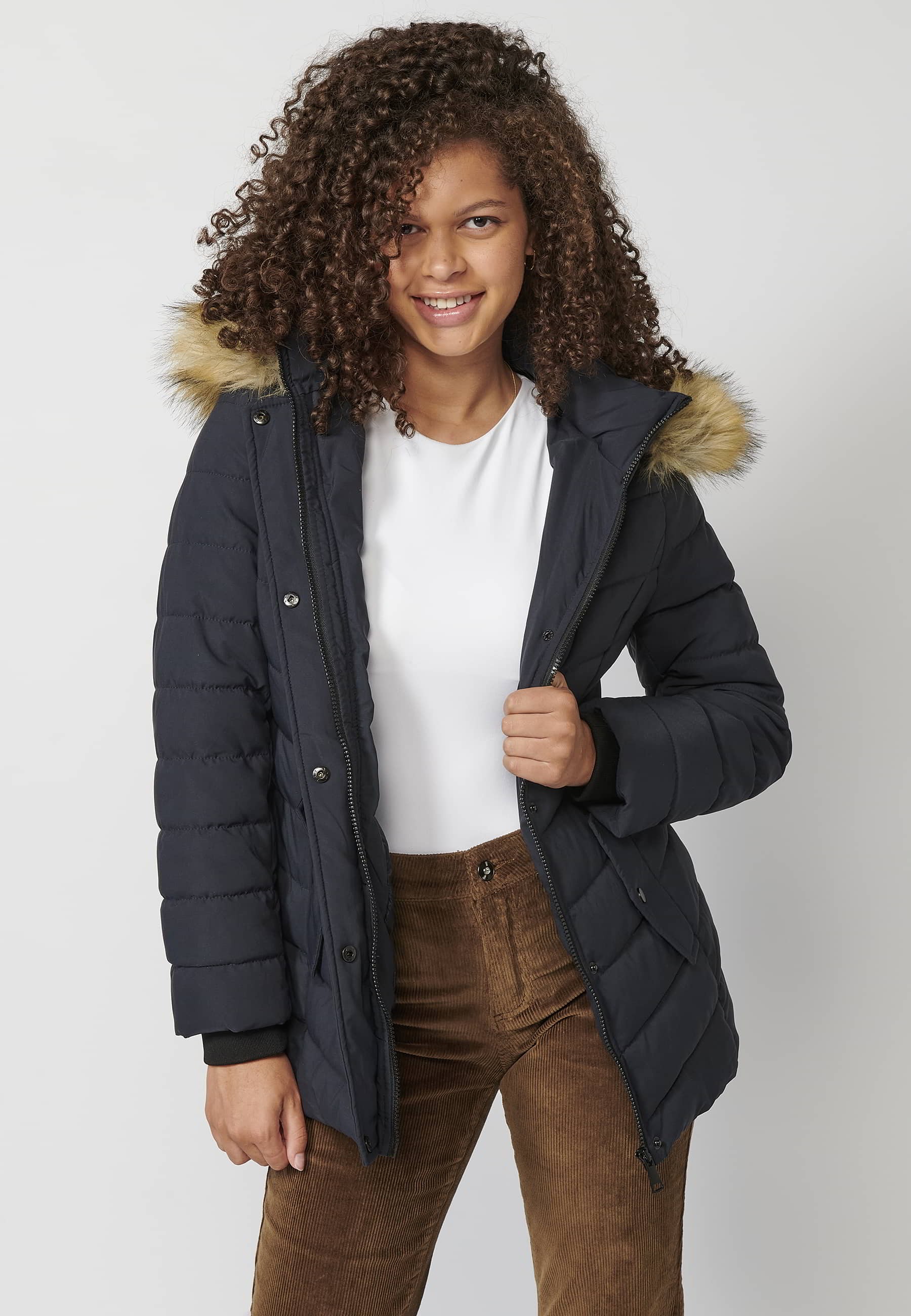 Long-sleeved padded jacket with detachable fur hood in Navy for Women 10