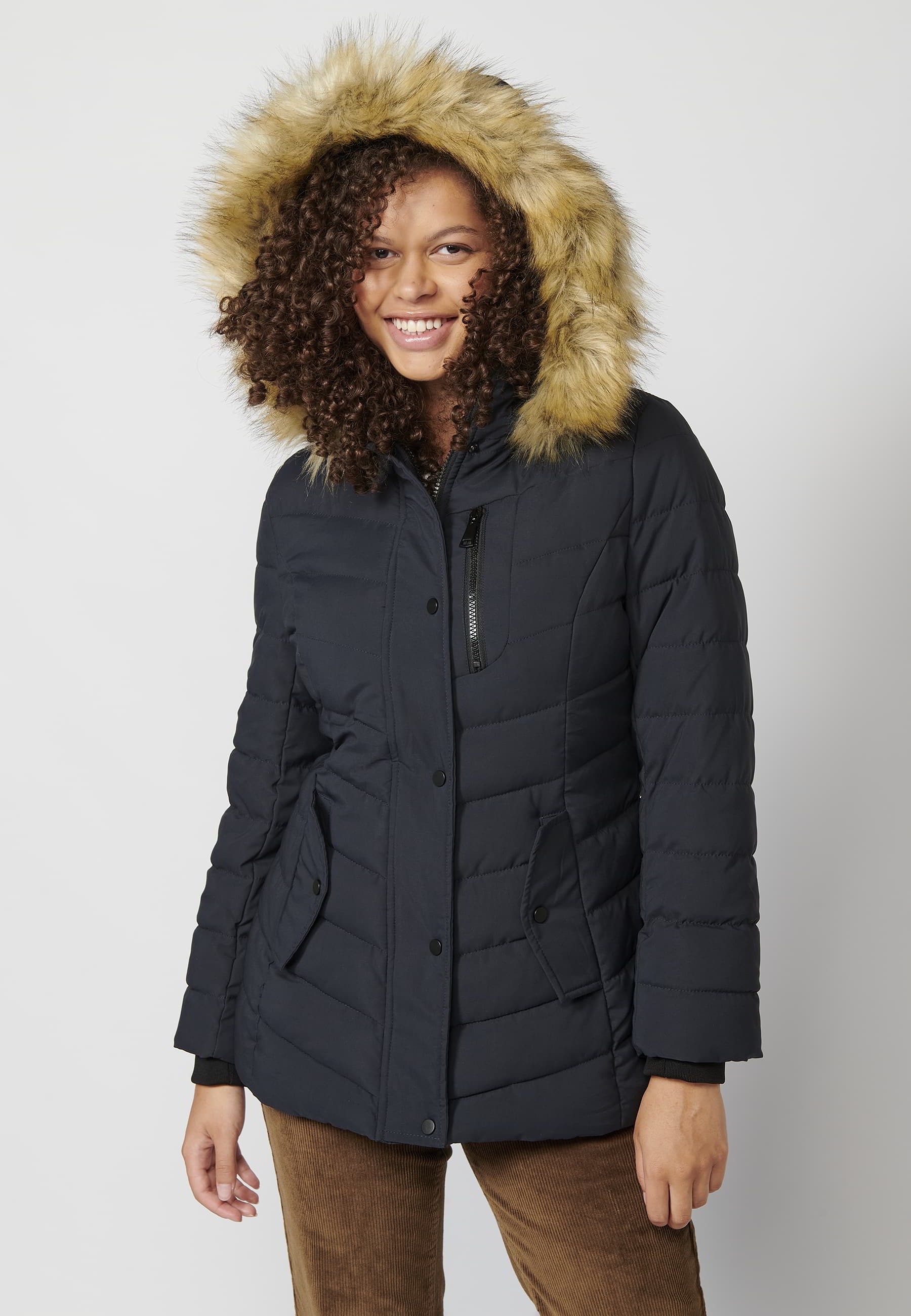 Long-sleeved padded jacket with detachable fur hood in Navy for Women 11