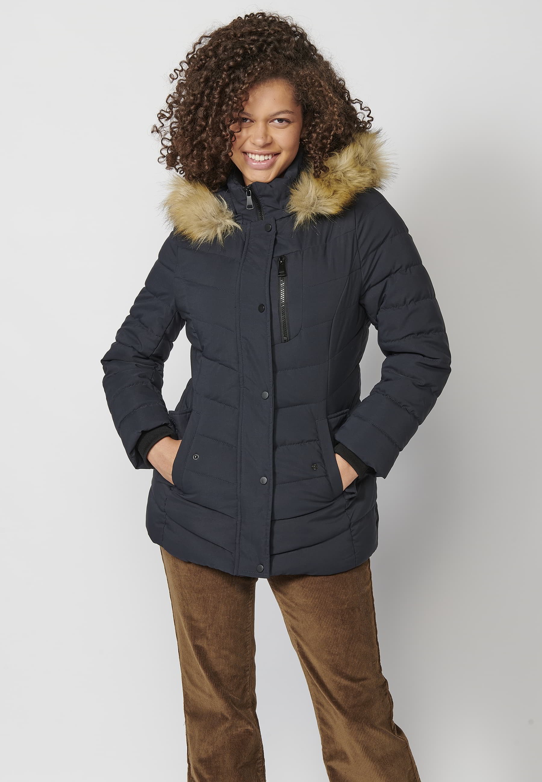 Long-sleeved padded jacket with detachable fur hood in Navy for Women