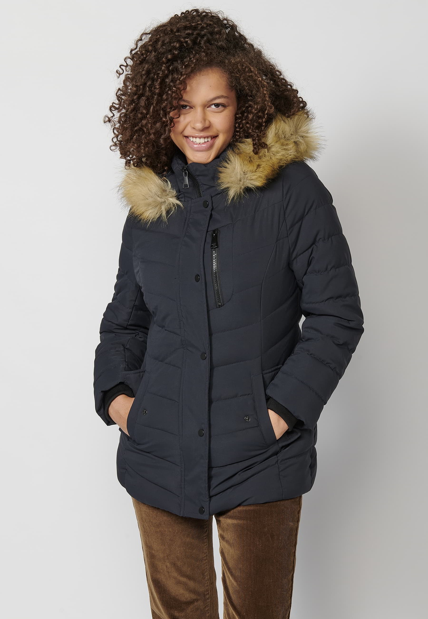 Long-sleeved padded jacket with detachable fur hood in Navy for Women 2