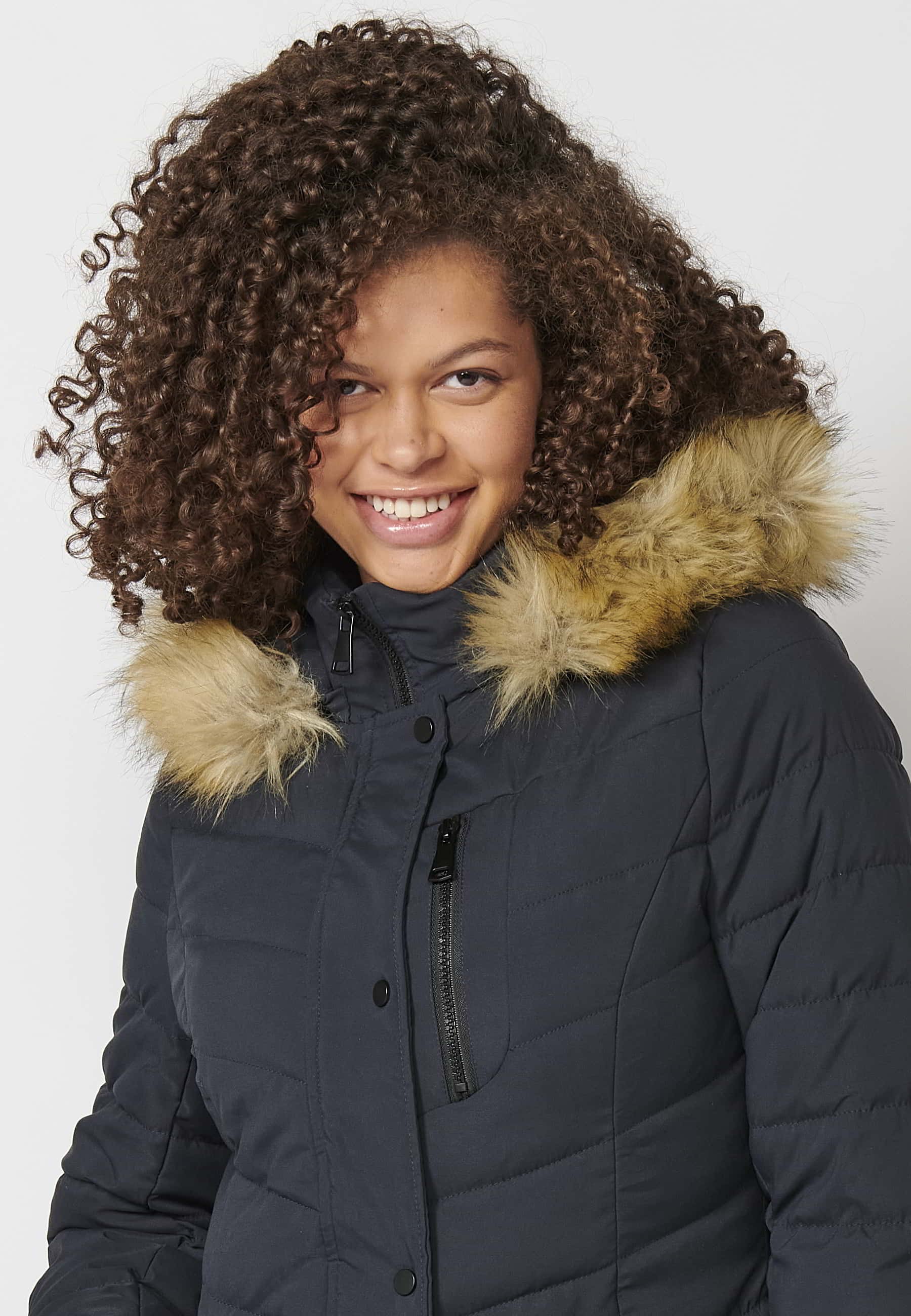 Long-sleeved padded jacket with detachable fur hood in Navy for Women 1