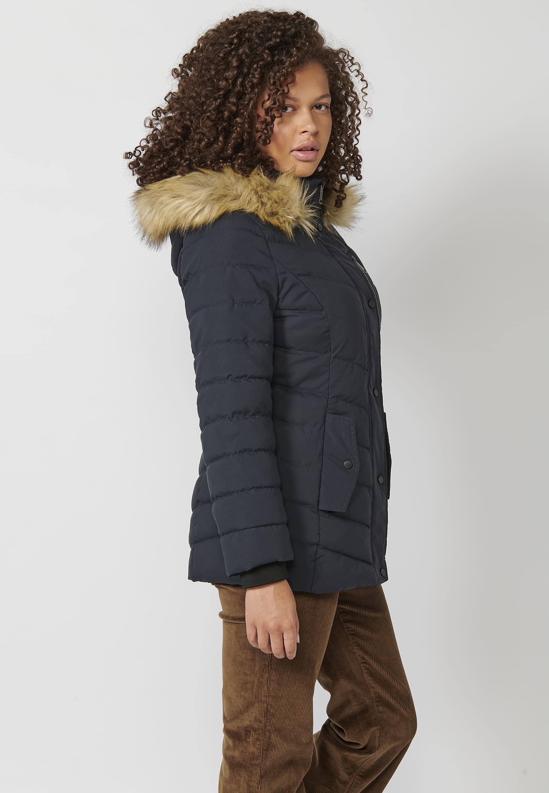 Long-sleeved padded jacket with detachable fur hood in Navy for Women 4