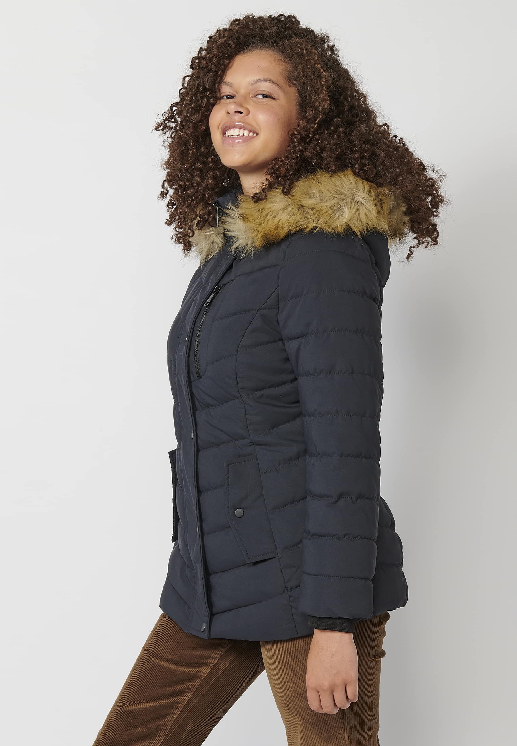 Chaqueta de manga larga acolchada con capucha de pelo desmontable color Navy para Mujer 5