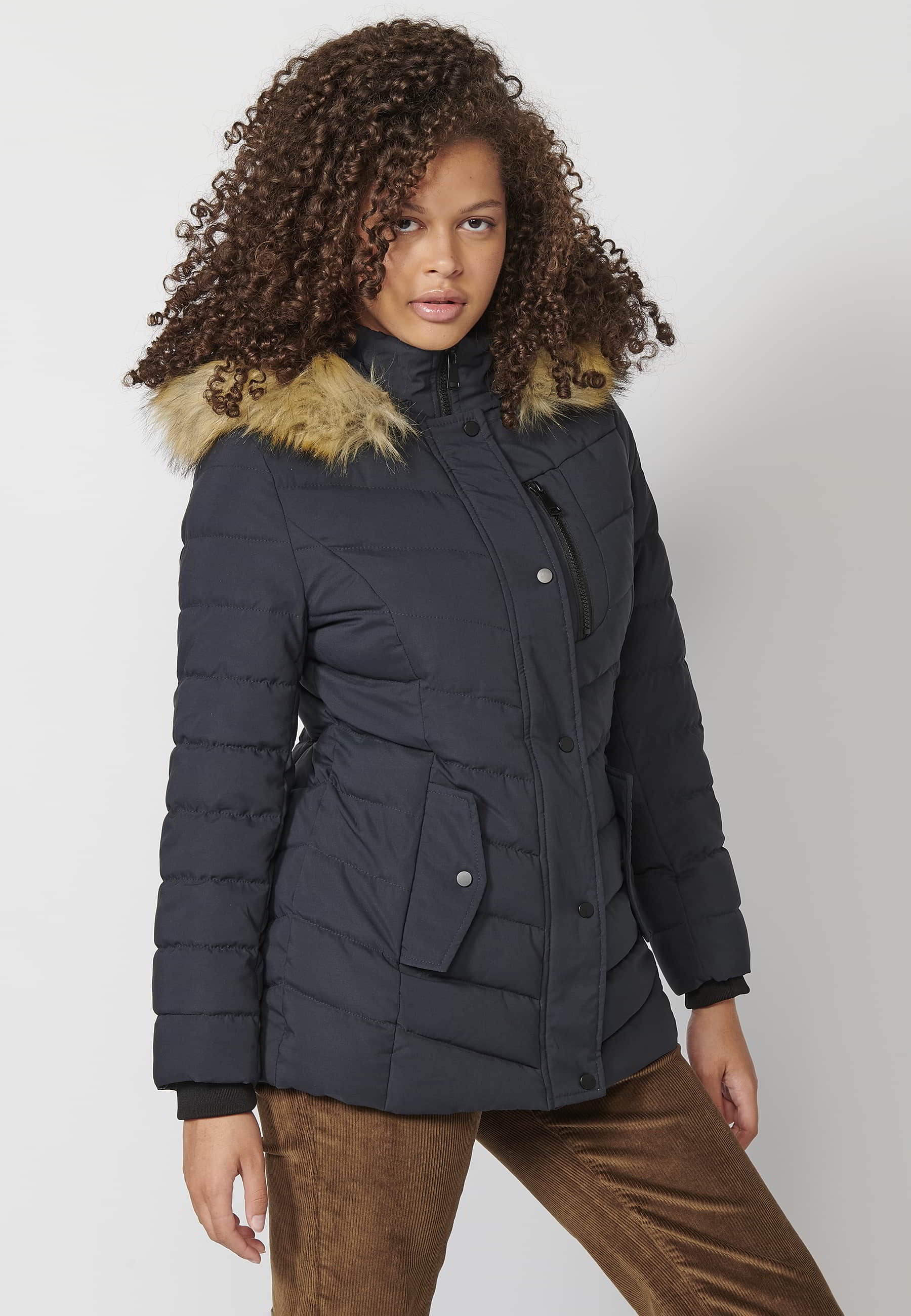 Long-sleeved padded jacket with detachable fur hood in Navy for Women 9