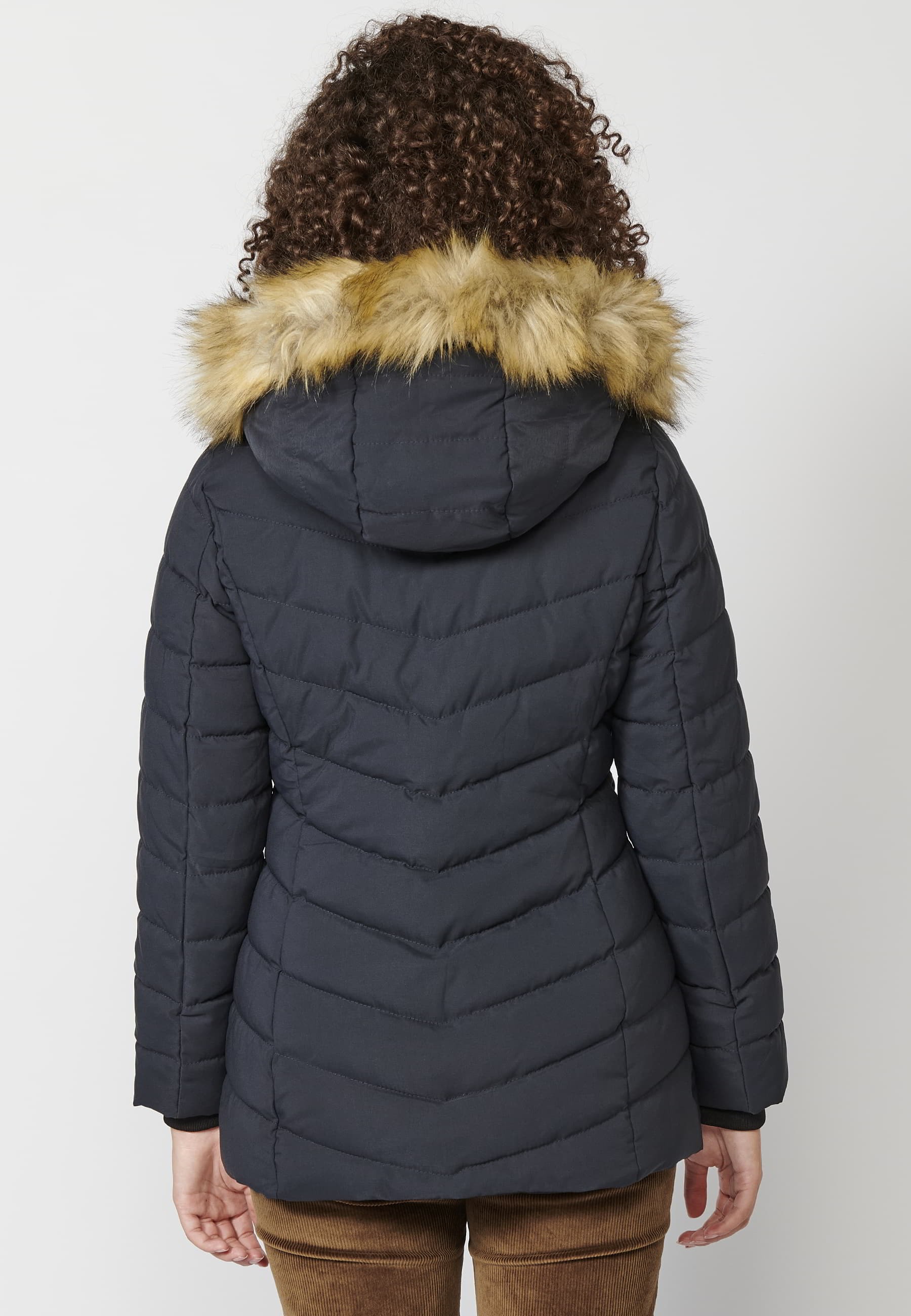 Long-sleeved padded jacket with detachable fur hood in Navy for Women 7