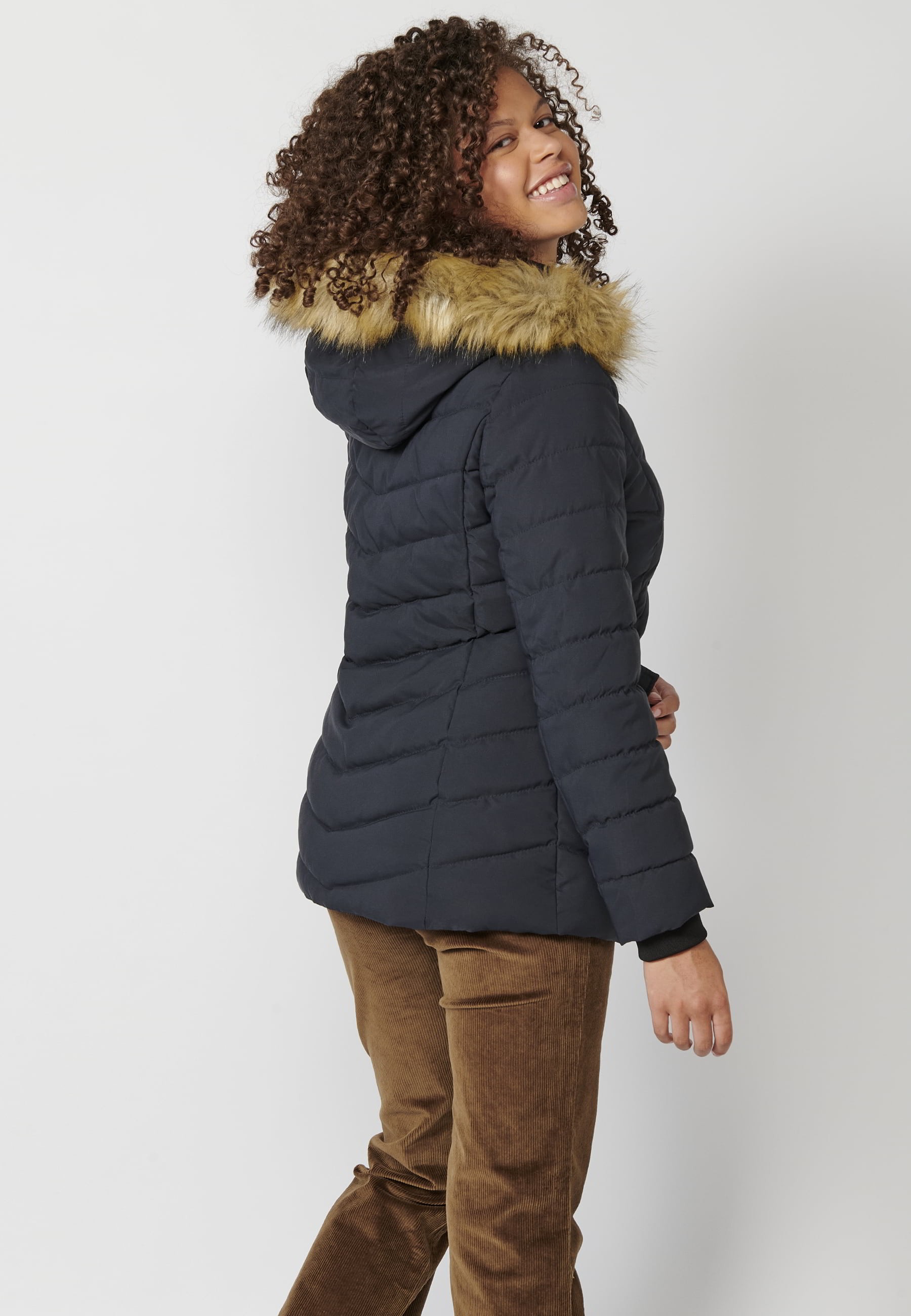 Long-sleeved padded jacket with detachable fur hood in Navy for Women 8