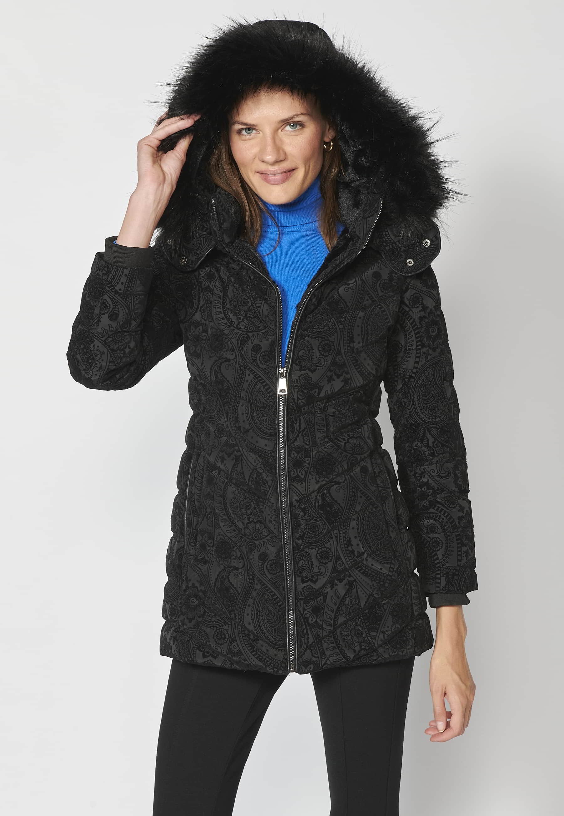 Long padded parka coat with detachable fur hood in Black for Women