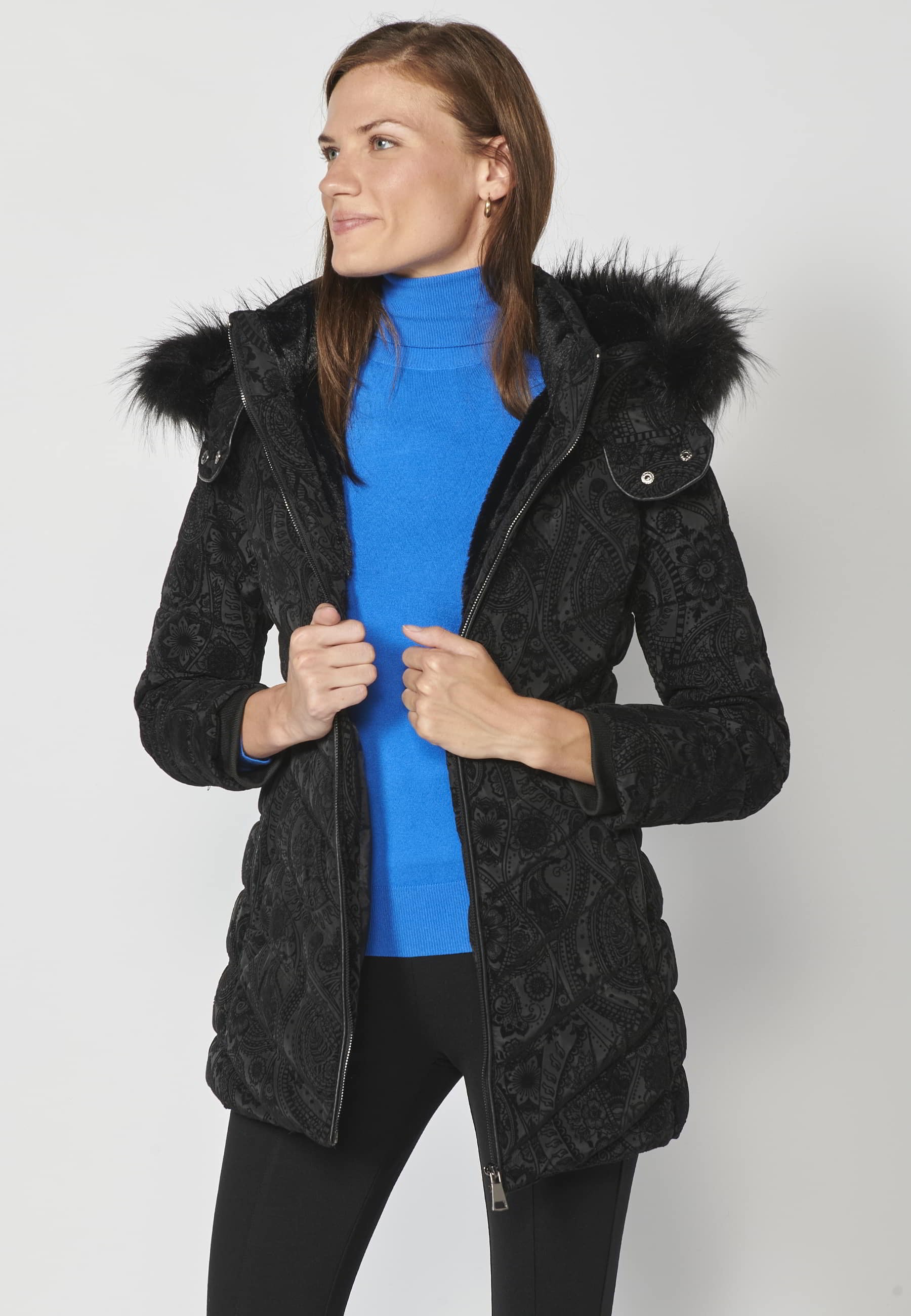 Long padded parka coat with detachable fur hood in Black for Women