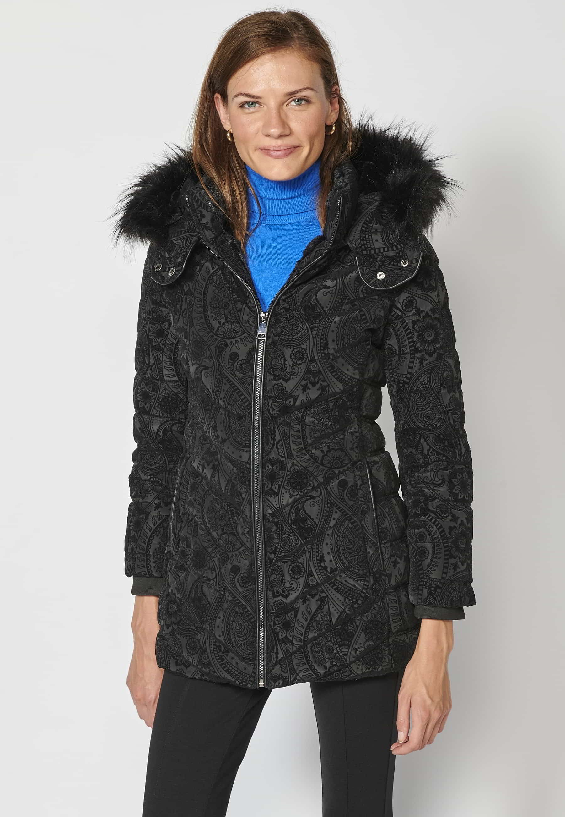 Long padded parka coat with detachable fur hood in Black for Women