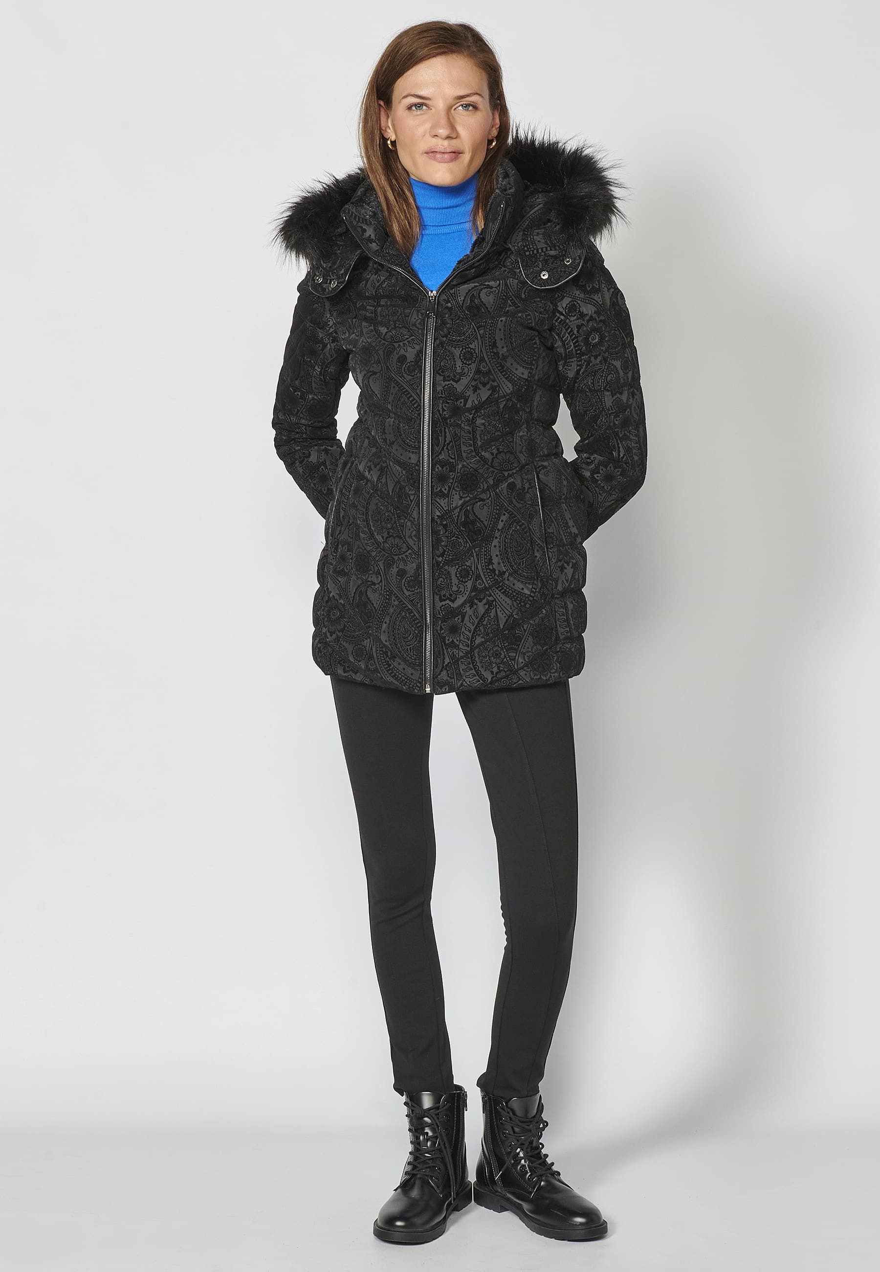 Long padded parka coat with detachable fur hood in Black for Women