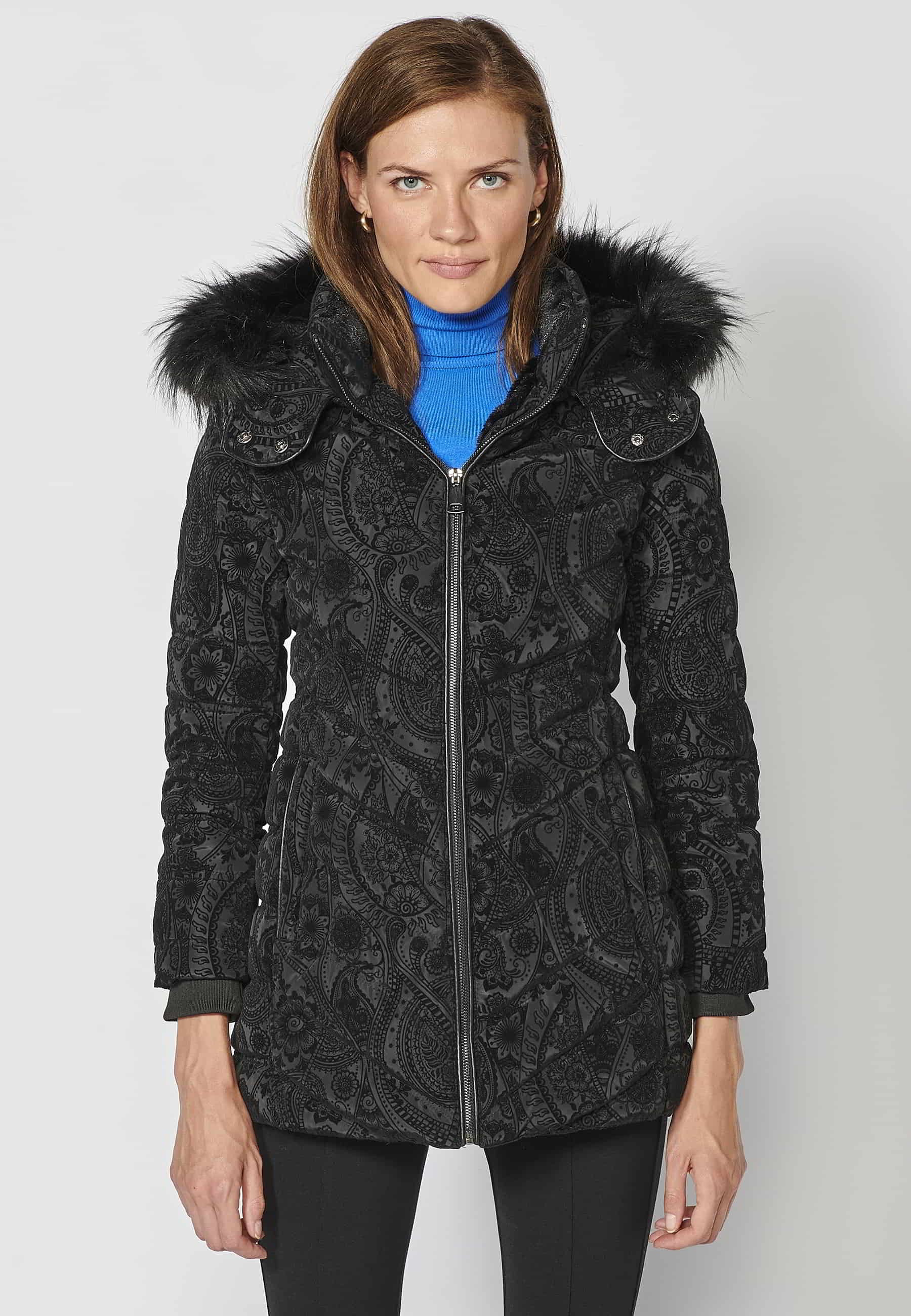 Long padded parka coat with detachable fur hood in Black for Women