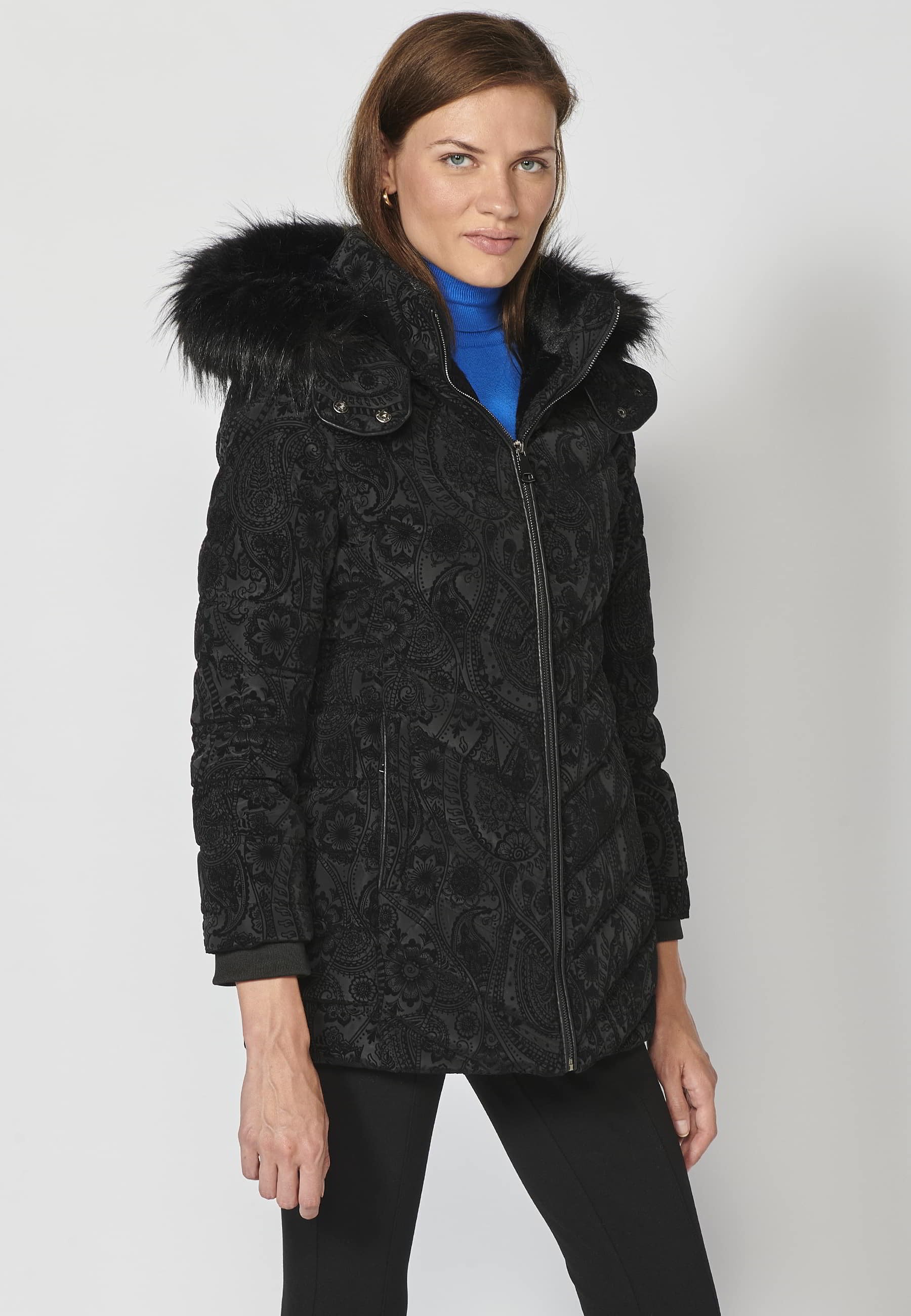 Long padded parka coat with detachable fur hood in Black for Women