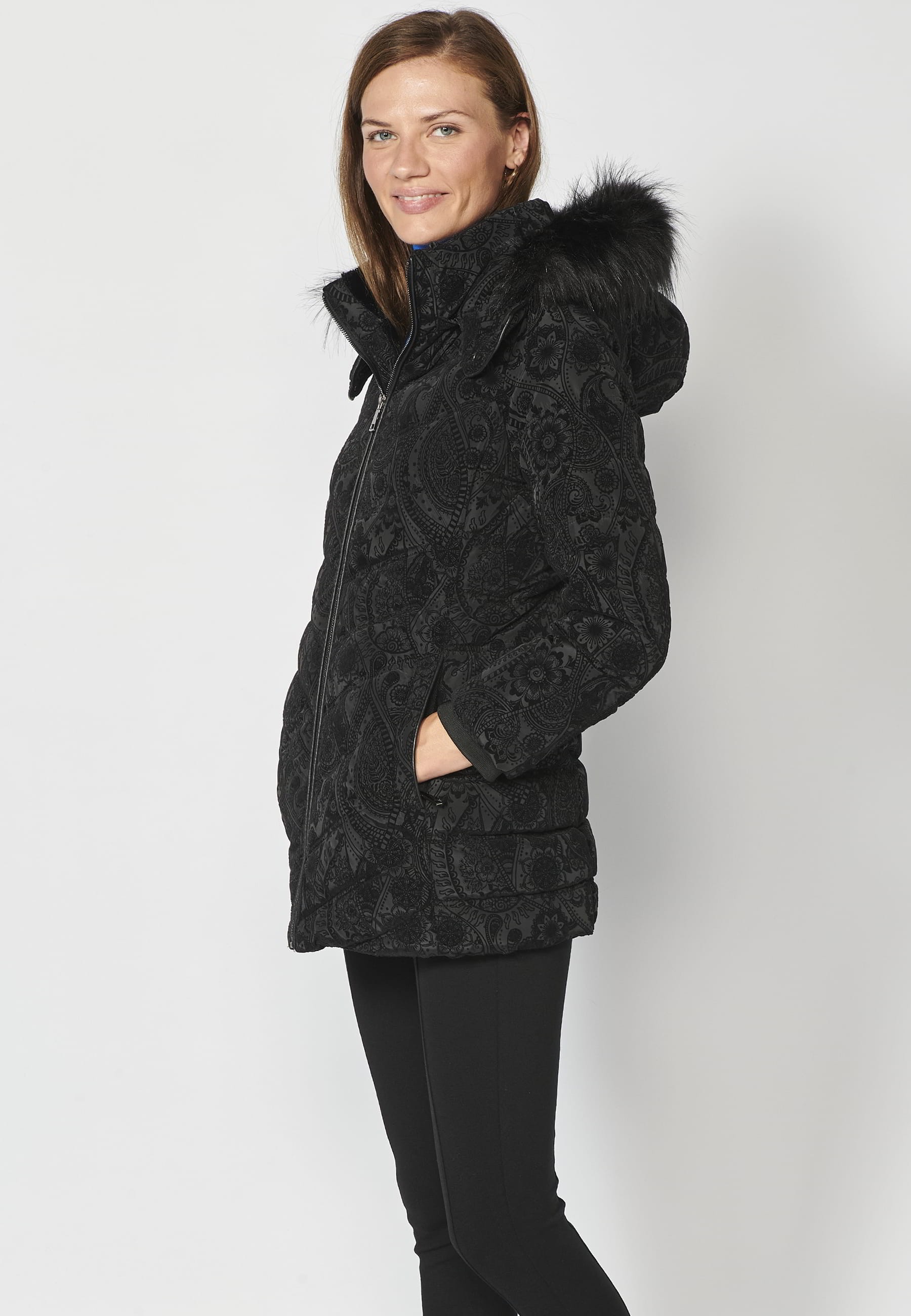 Long padded parka coat with detachable fur hood in Black for Women