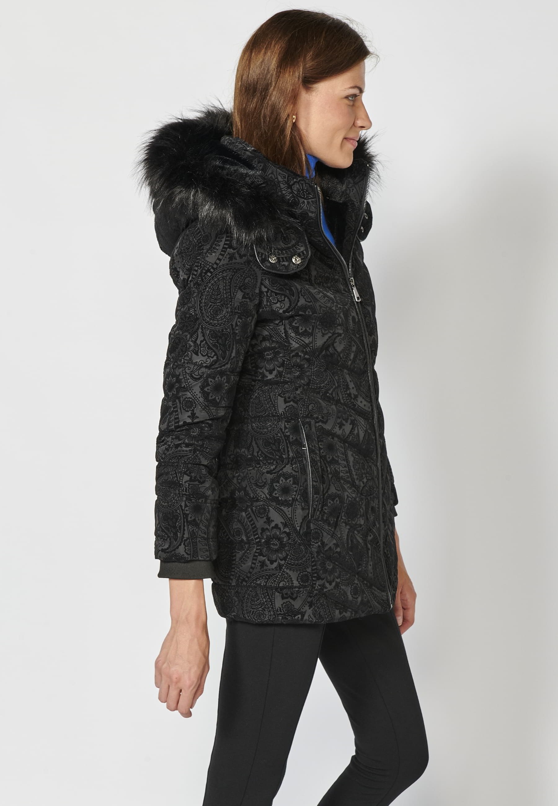 Long padded parka coat with detachable fur hood in Black for Women