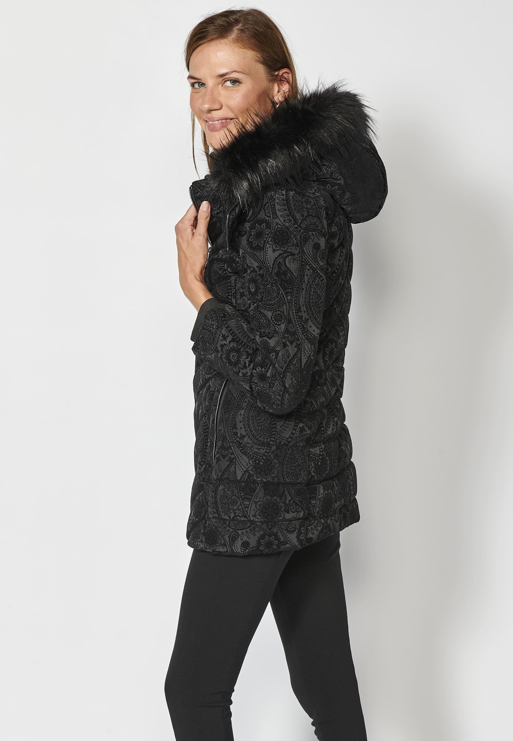 Long padded parka coat with detachable fur hood in Black for Women