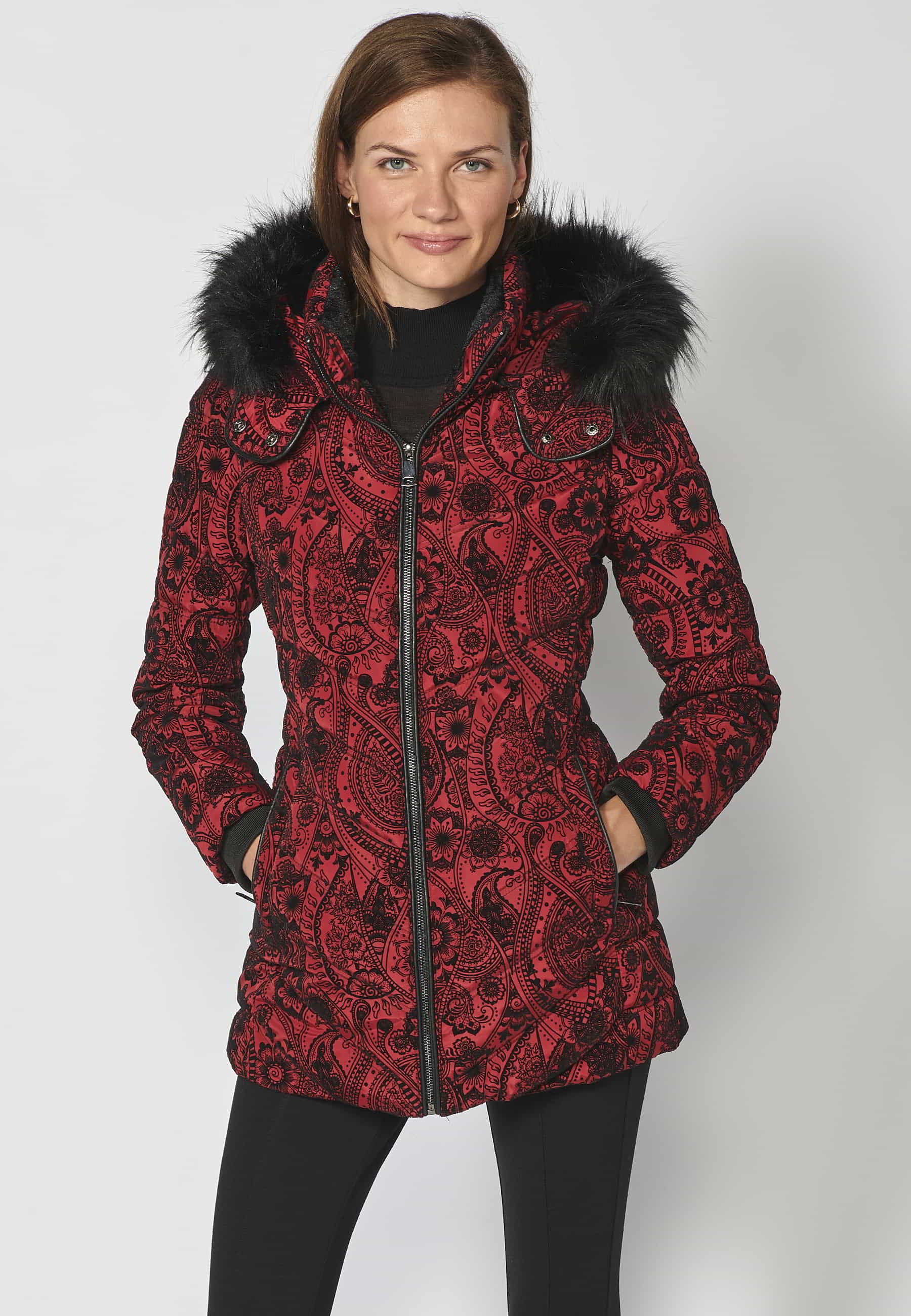 Long padded parka coat with detachable fur hood in Red for Women