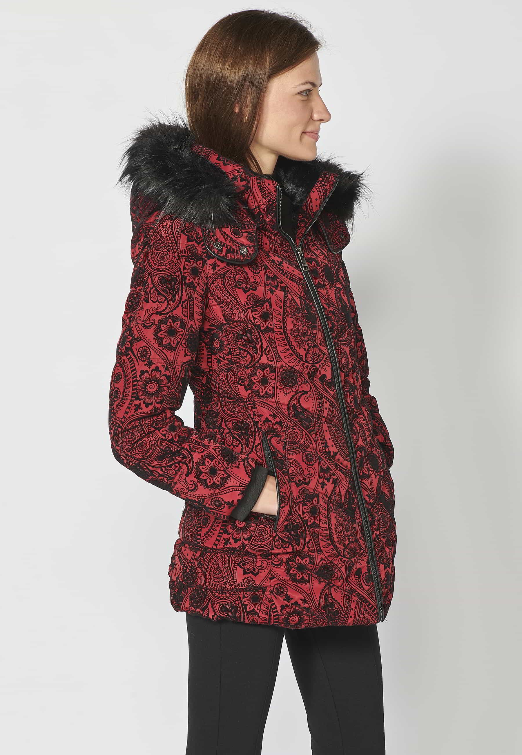 Long padded parka coat with detachable fur hood in Red for Women