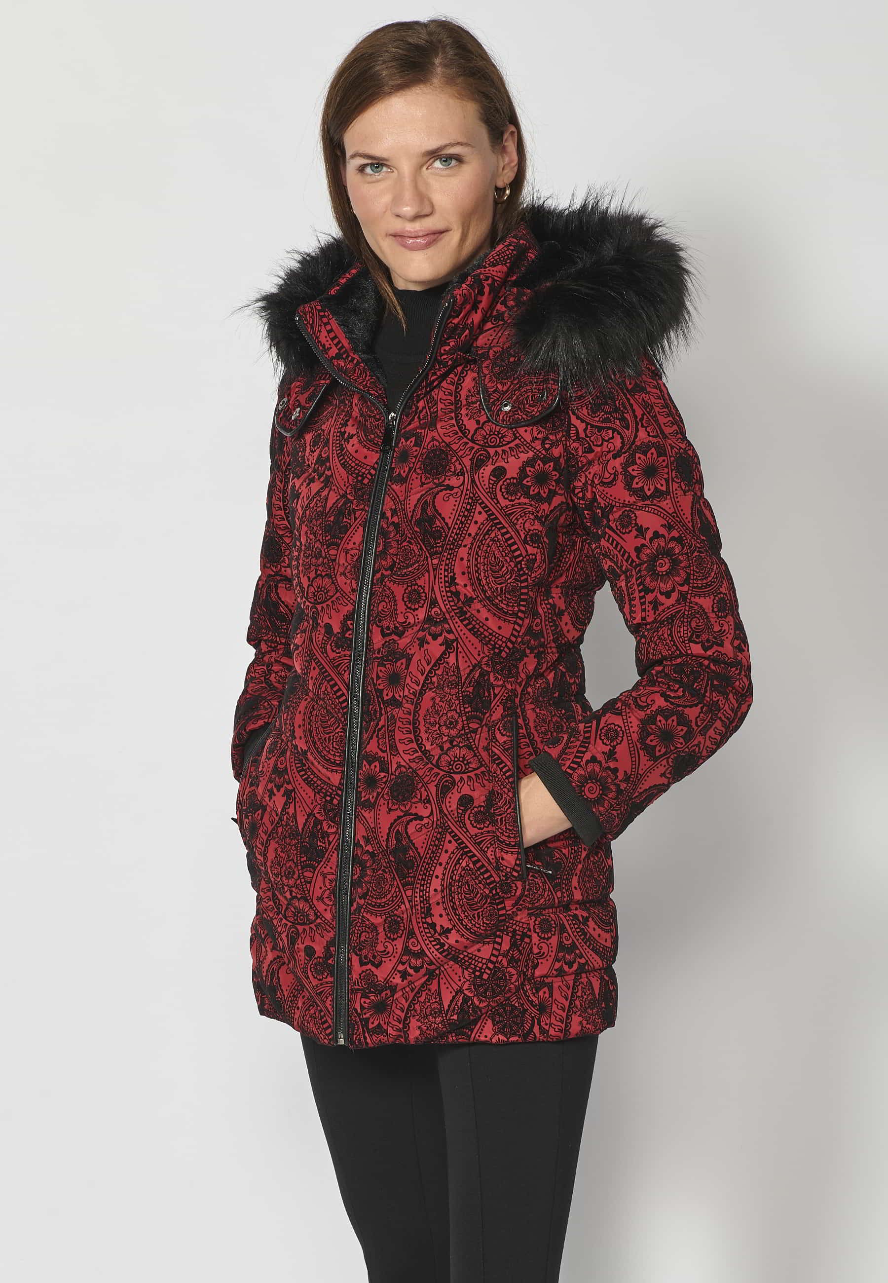 Long padded parka coat with detachable fur hood in Red for Women