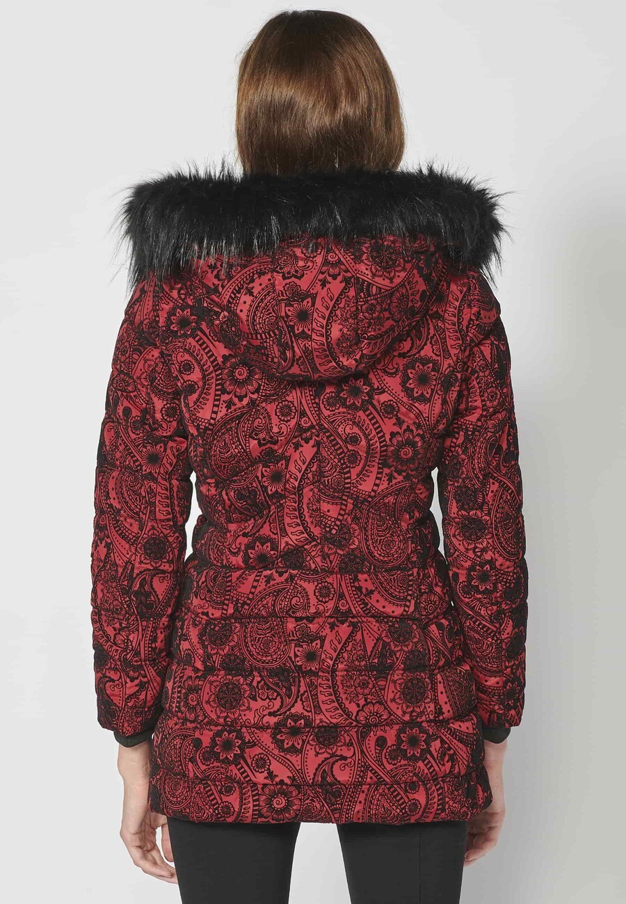 Parka longue matelassée avec capuche en fourrure amovible en Rouge pour Femme 10