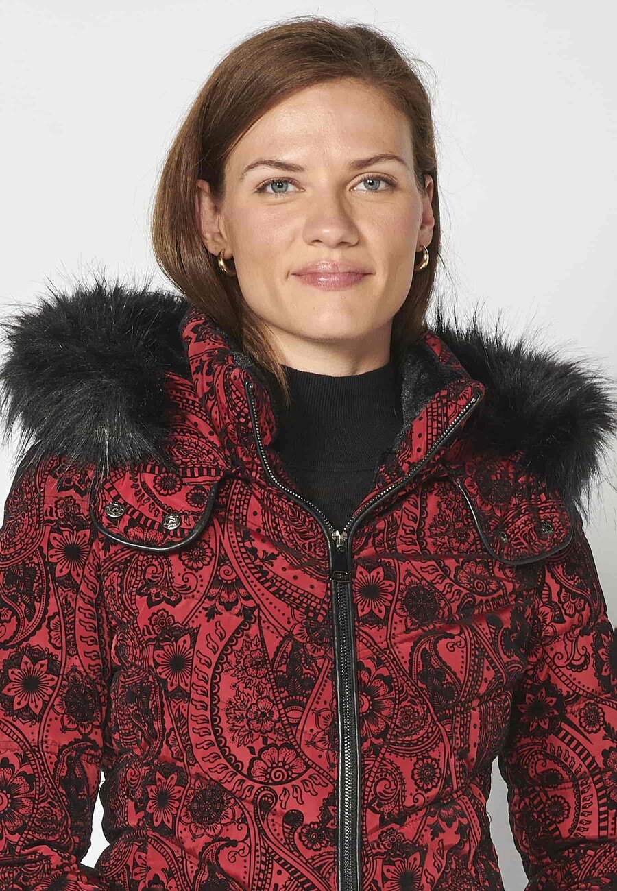 Abrigo parka larga acolchado con capucha de pelo desmontable color Rojo para Mujer 8