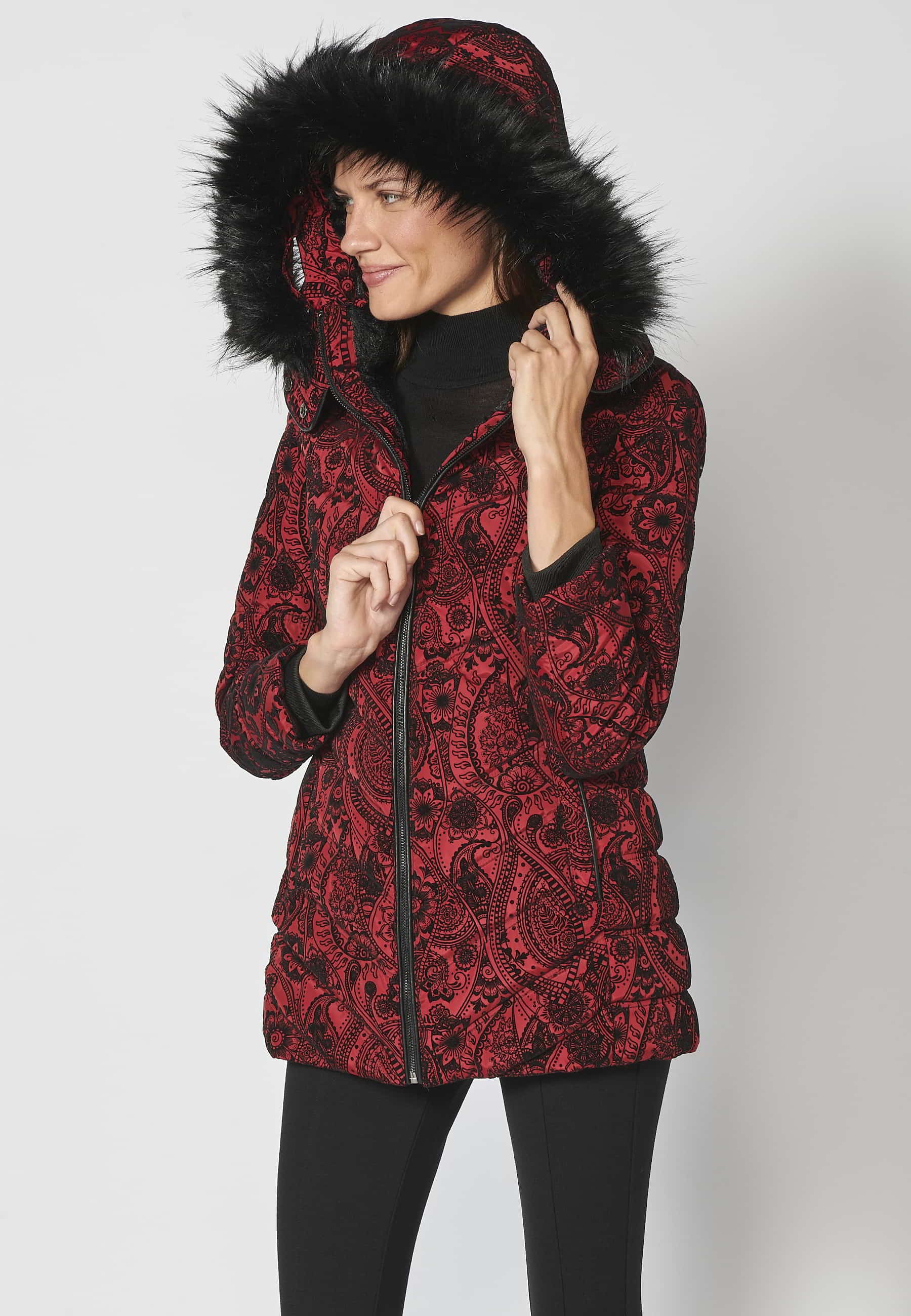 Long padded parka coat with detachable fur hood in Red for Women