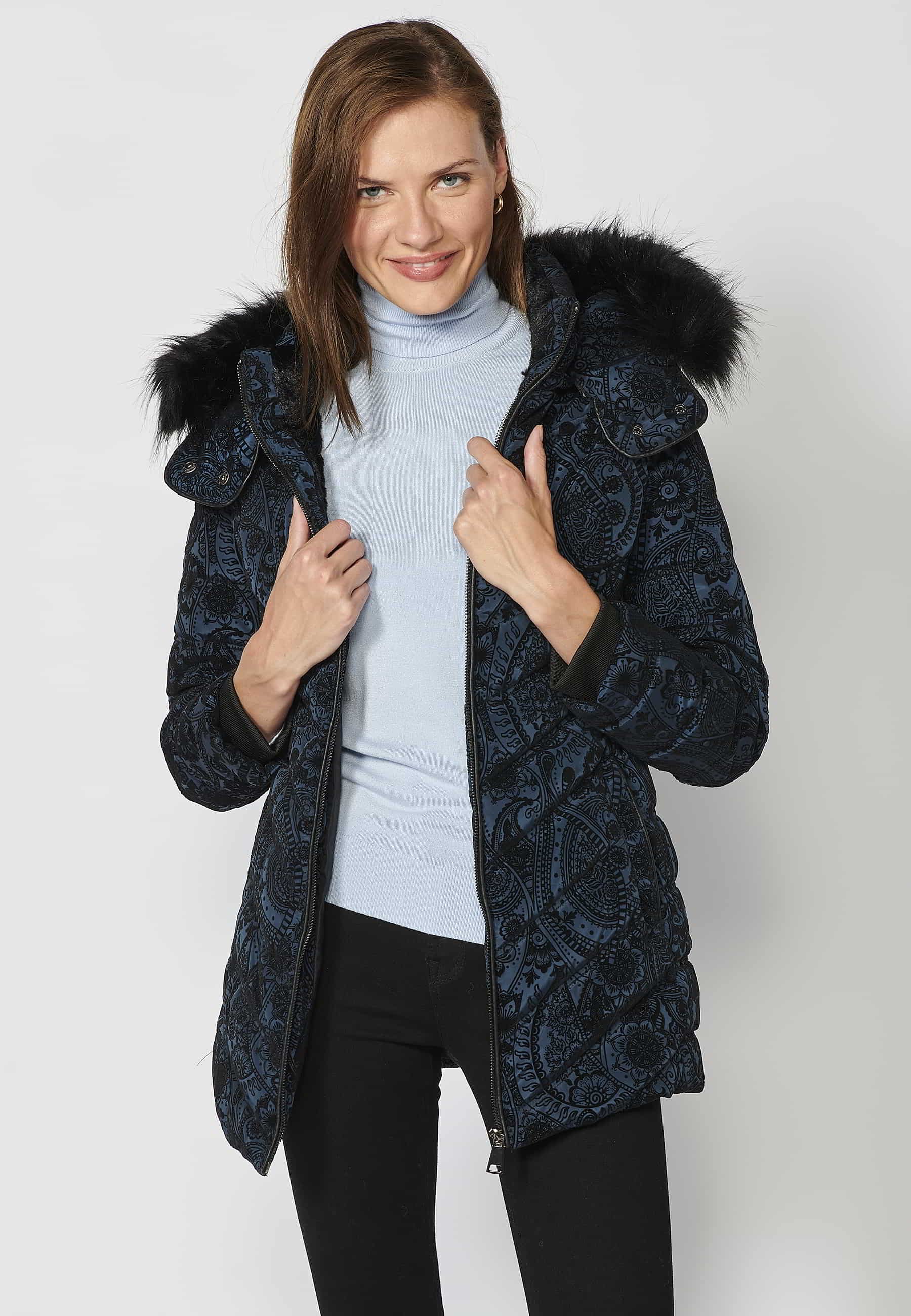 Long padded parka coat with detachable fur hood in Cobalt for Women