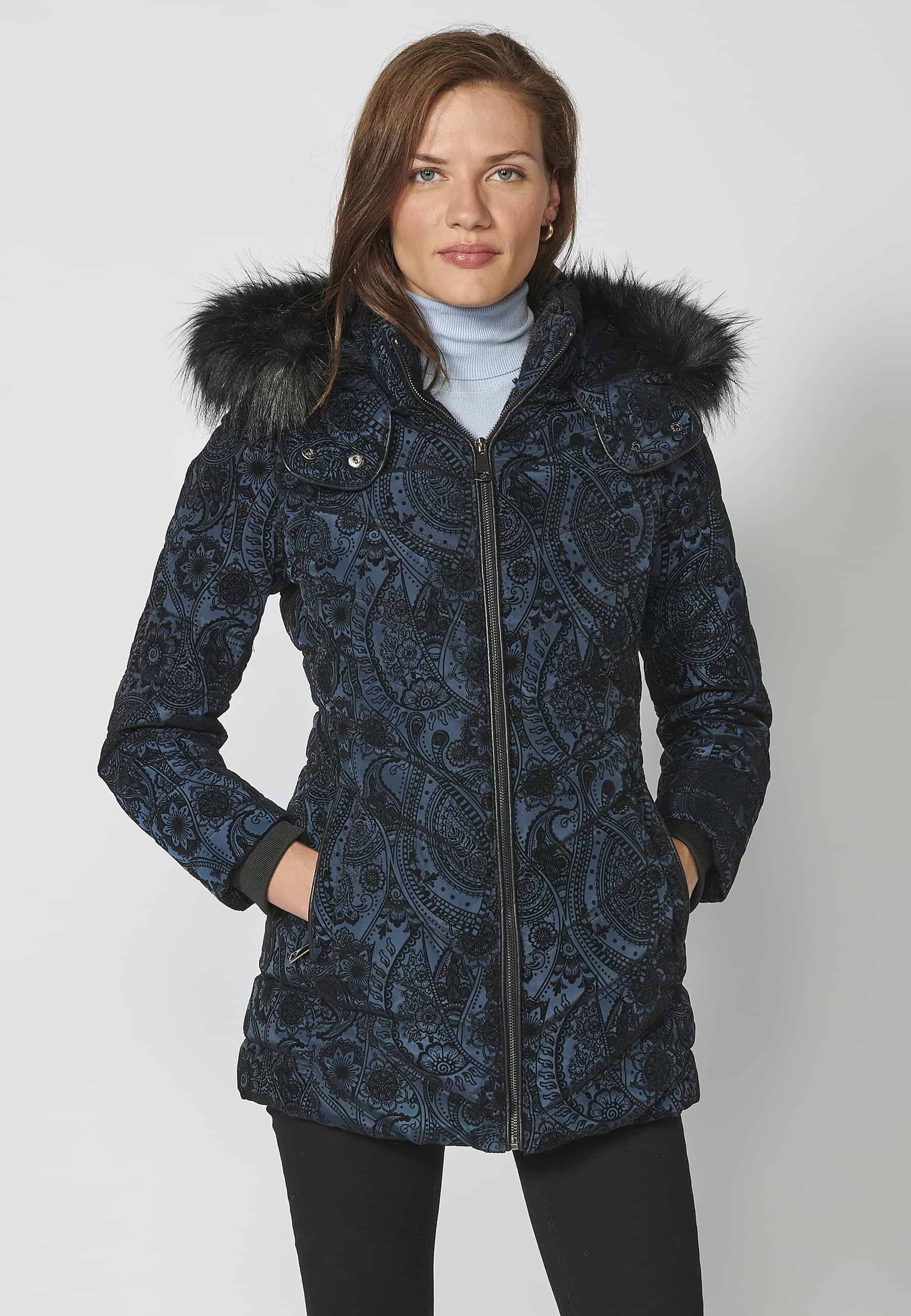 Long padded parka coat with detachable fur hood in Cobalt for Women