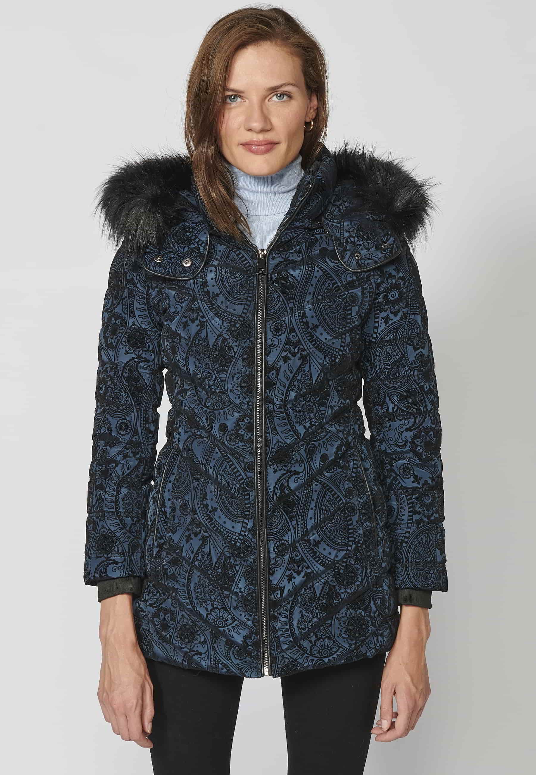 Long padded parka coat with detachable fur hood in Cobalt for Women