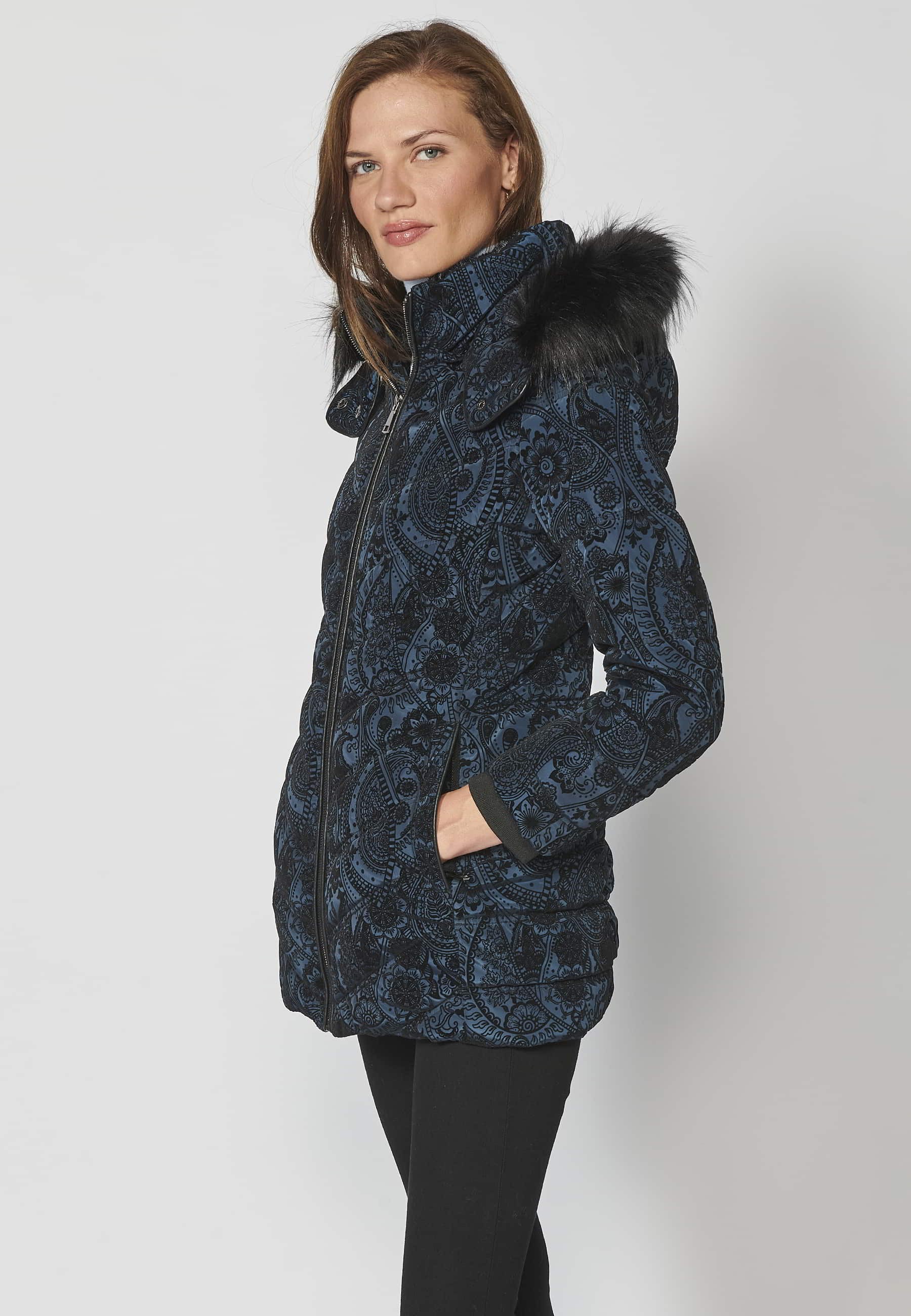 Long padded parka coat with detachable fur hood in Cobalt for Women