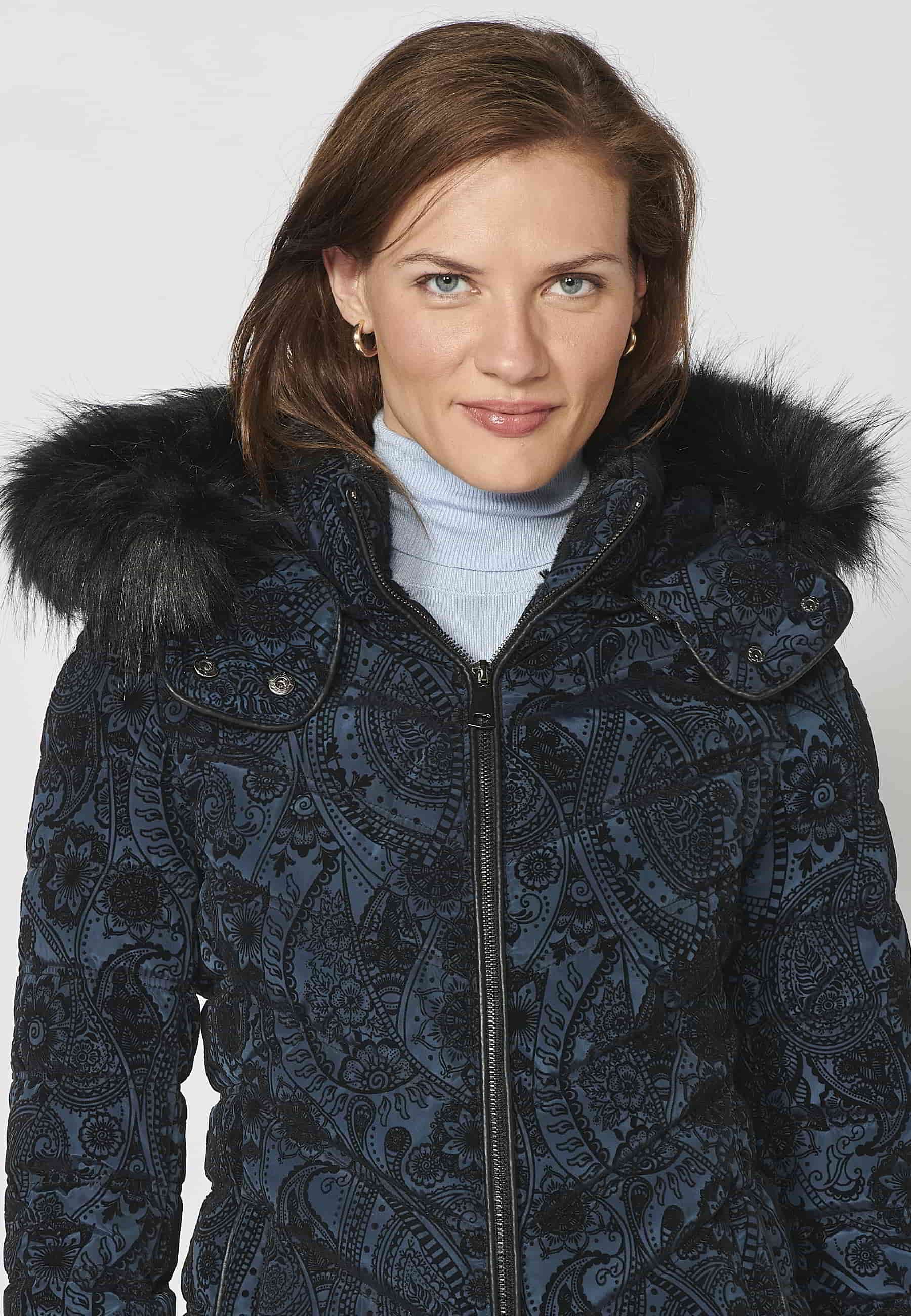 Long padded parka coat with detachable fur hood in Cobalt for Women