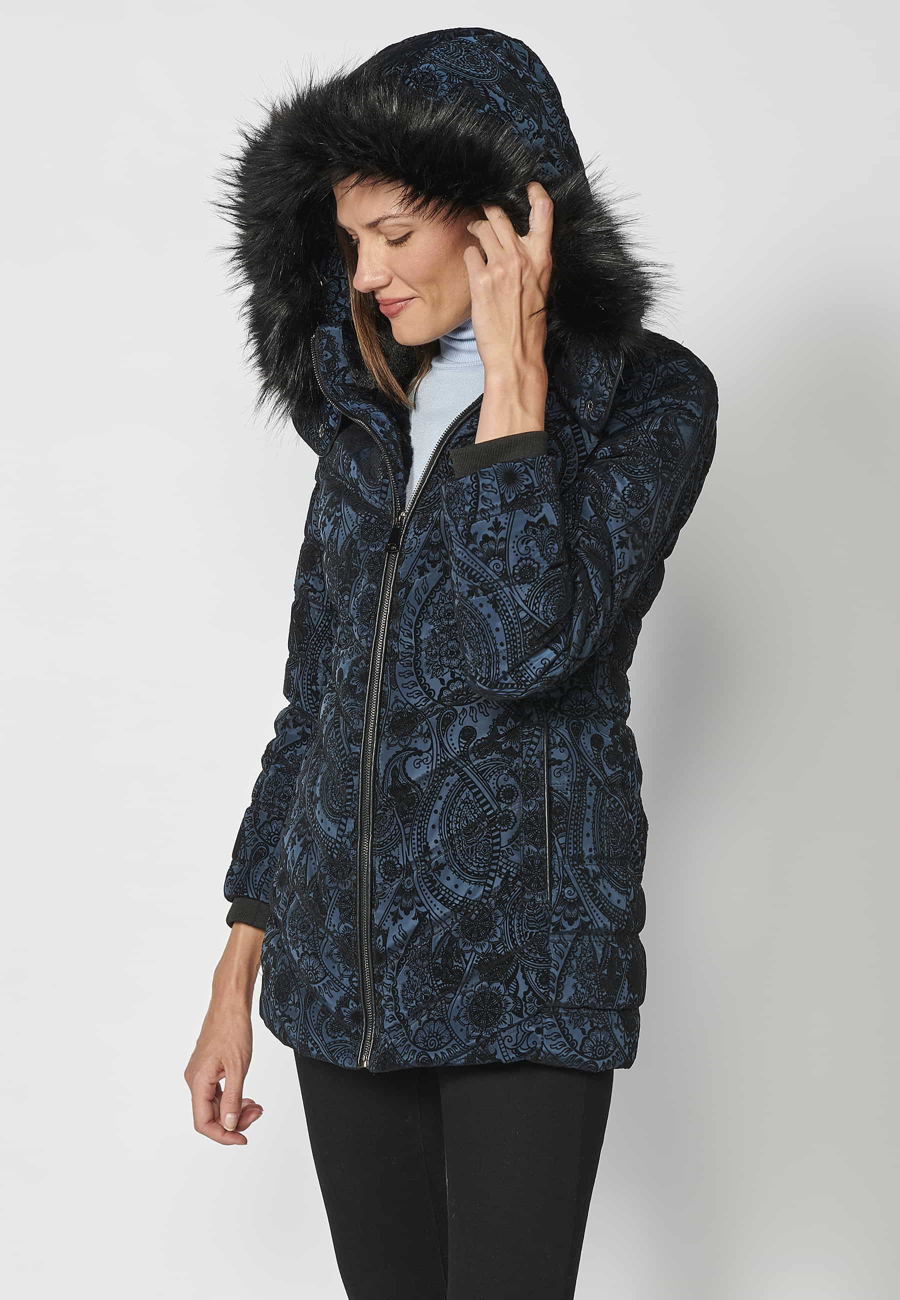 Long padded parka coat with detachable fur hood in Cobalt for Women