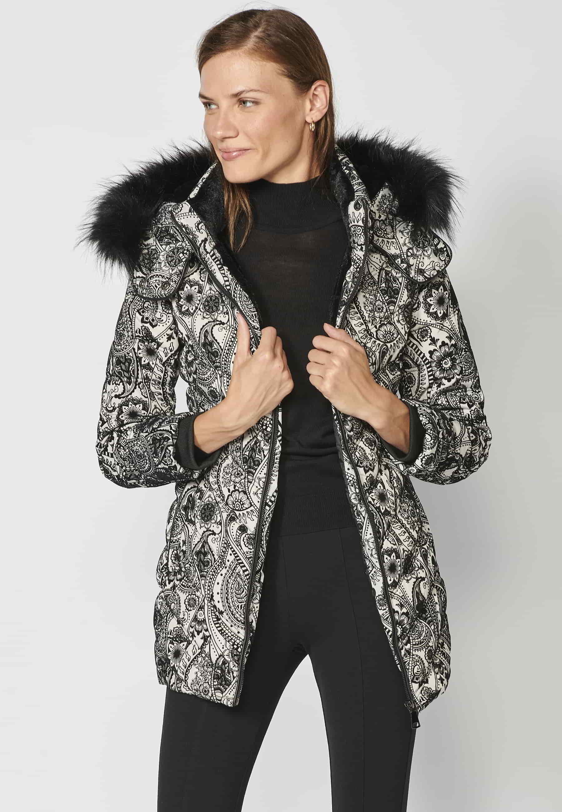 Long padded parka coat with detachable fur hood in Pearl Gray for Women 4