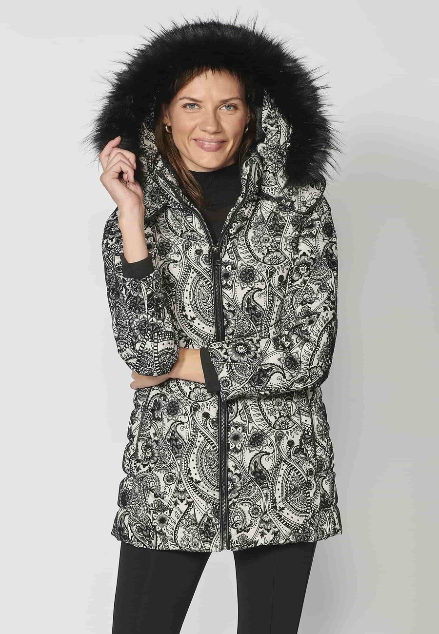 Parka longue matelassée à capuche fourrure amovible gris perle pour femme