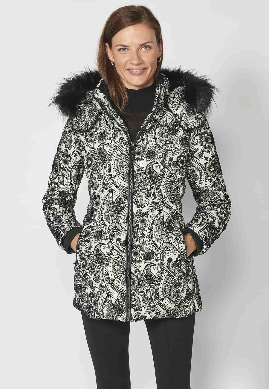 Long padded parka coat with detachable fur hood in Pearl Gray for Women 12