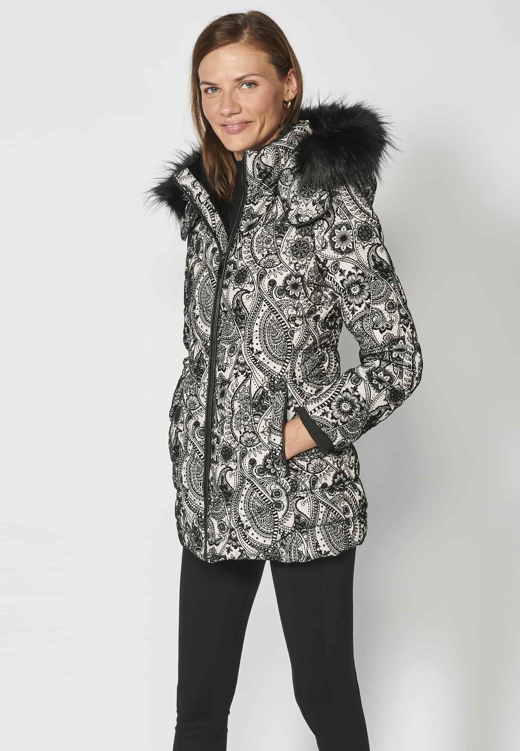 Long padded parka coat with detachable fur hood in Pearl Gray for Women 2