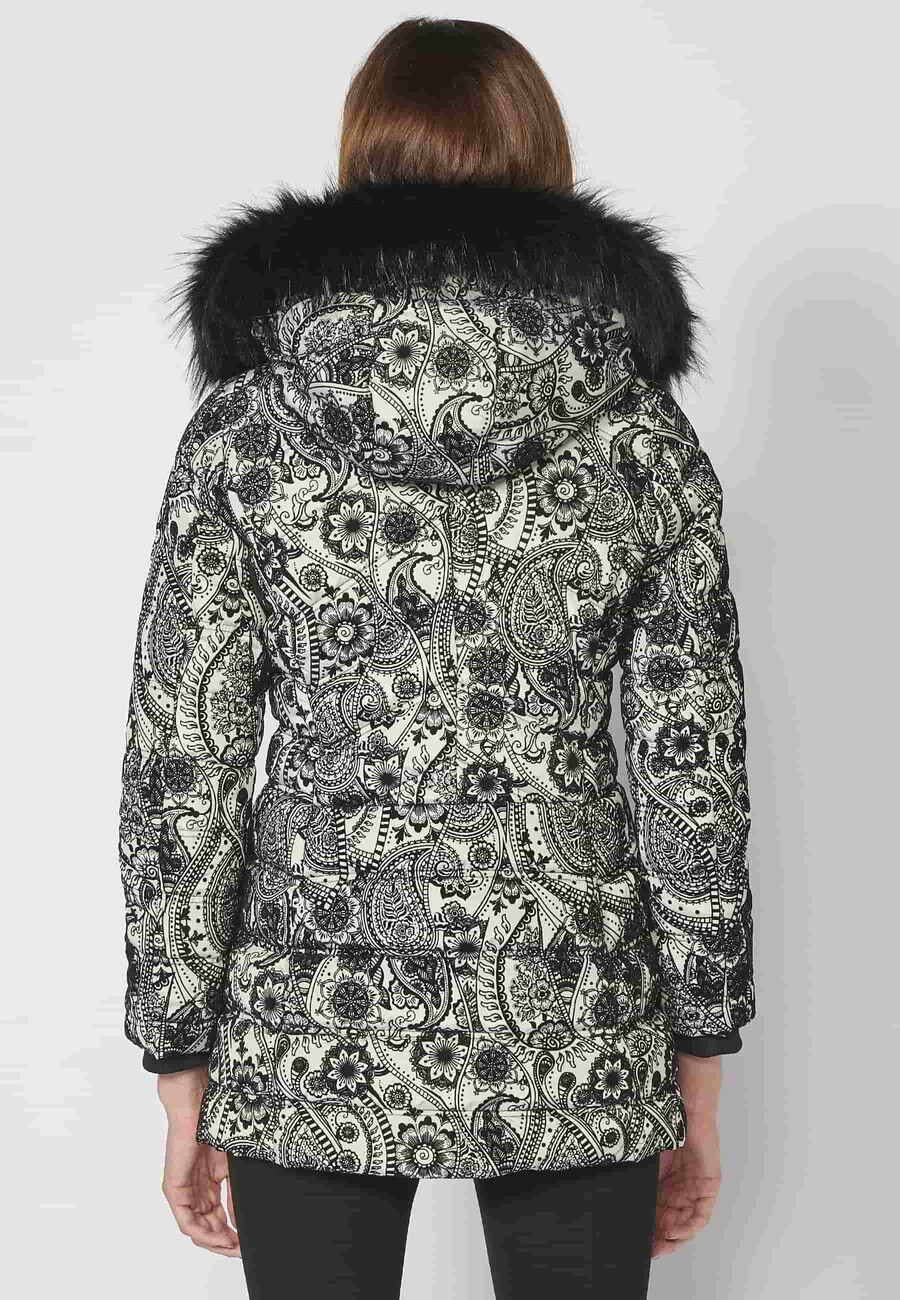 Parka longue matelassée à capuche fourrure amovible gris perle pour femme 10