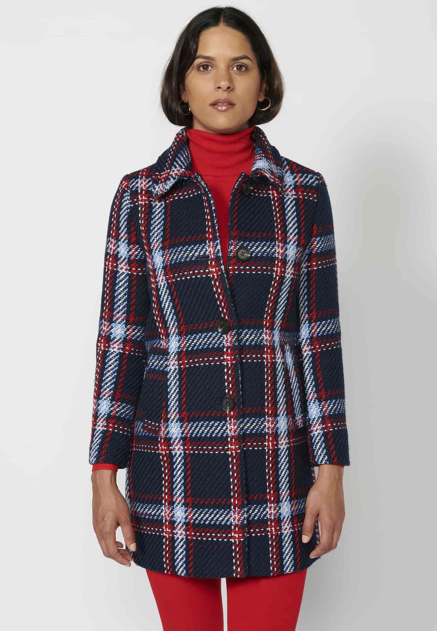 Navy Striped Long-Sleeve Tweet Coat with Detachable Collar Faux Fur for Women