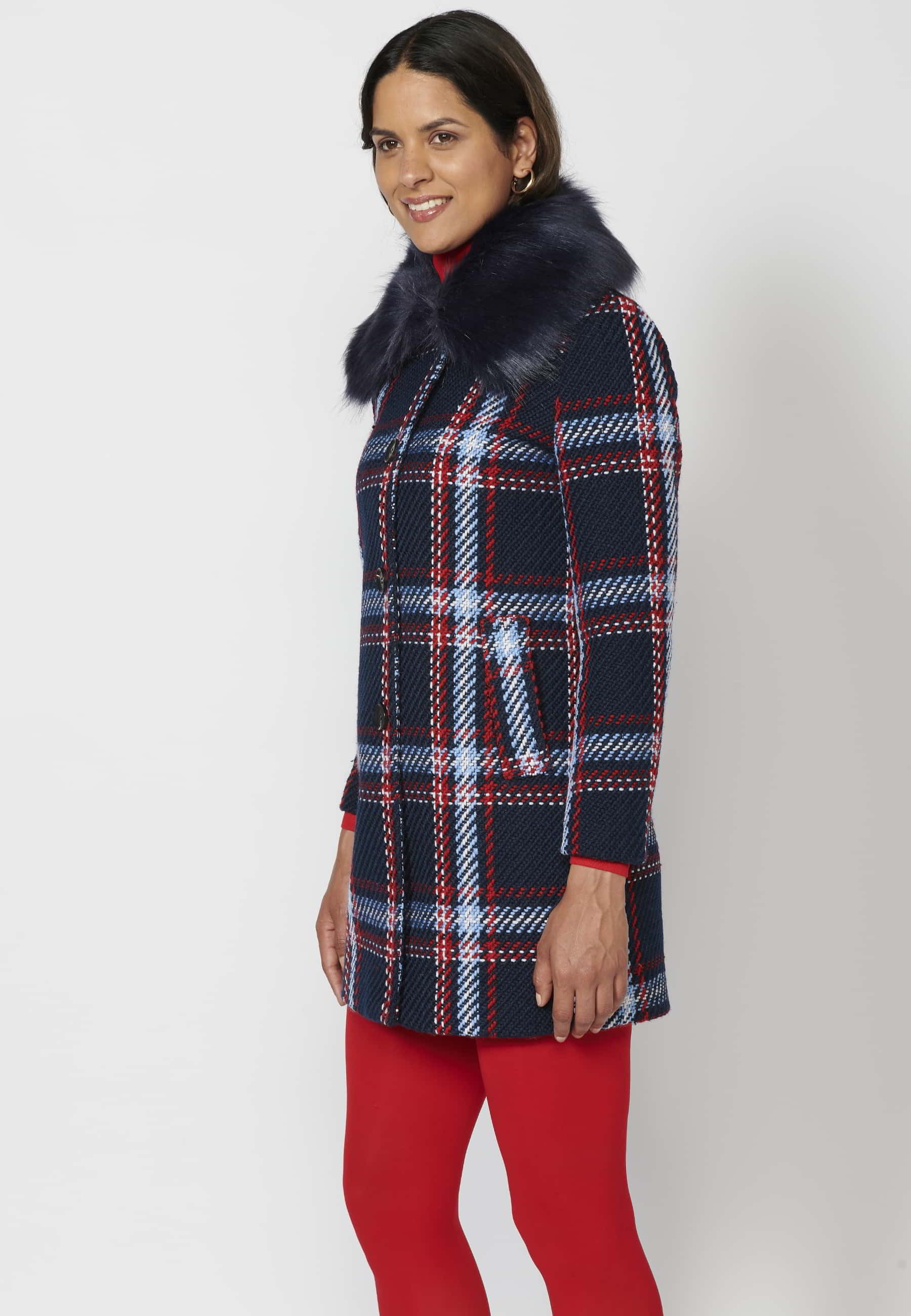 Manteau Tweet à manches longues rayé bleu marine avec fausse fourrure à col amovible pour femme