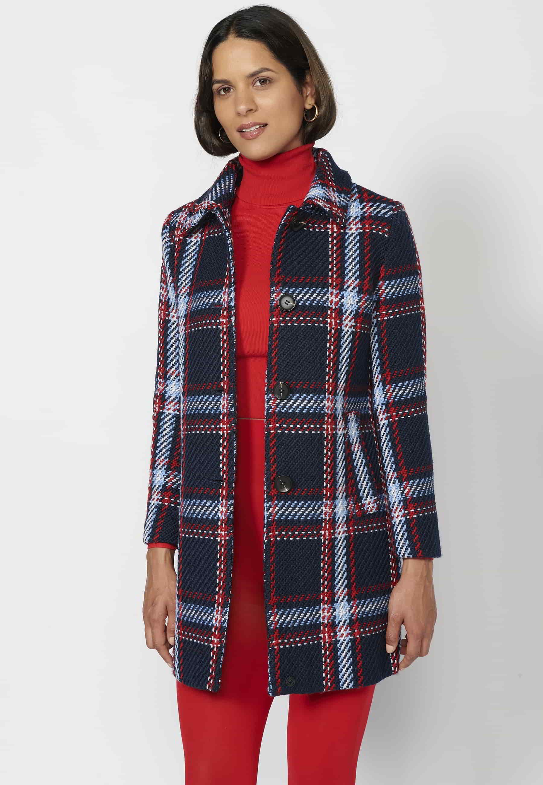 Navy Striped Long-Sleeve Tweet Coat with Detachable Collar Faux Fur for Women